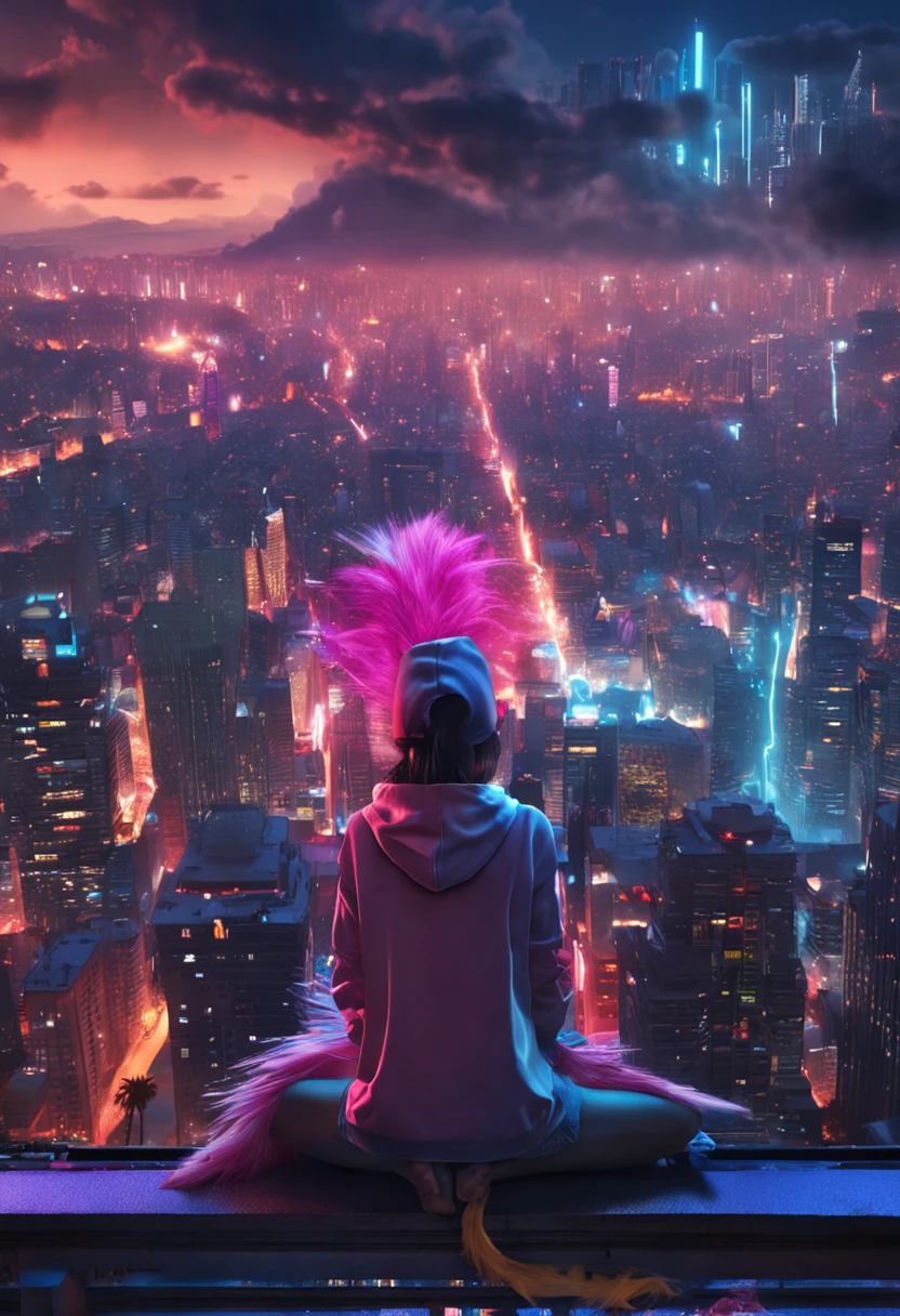"Image Quality: 12K (Best Quality Scale: 2.8), Artistic Style: Realistic, Photorealistic Factor: 1.37, Clarity: Ultra High Definition, Subject: 1girl body turned away stunning cityscape ,hoodie,blue hair, neon color shooting stars, very long hair, off shoulder, feather hair ornament, neon colors, flashes, stunning night sky, Teenage Girl (16 years old body), Notable Features: body turned away, Smiling face,Exquisite Details, Composition:, Damp Hair, Context: Amidst Colossal Dalsefo, huge Angel wings very detailed