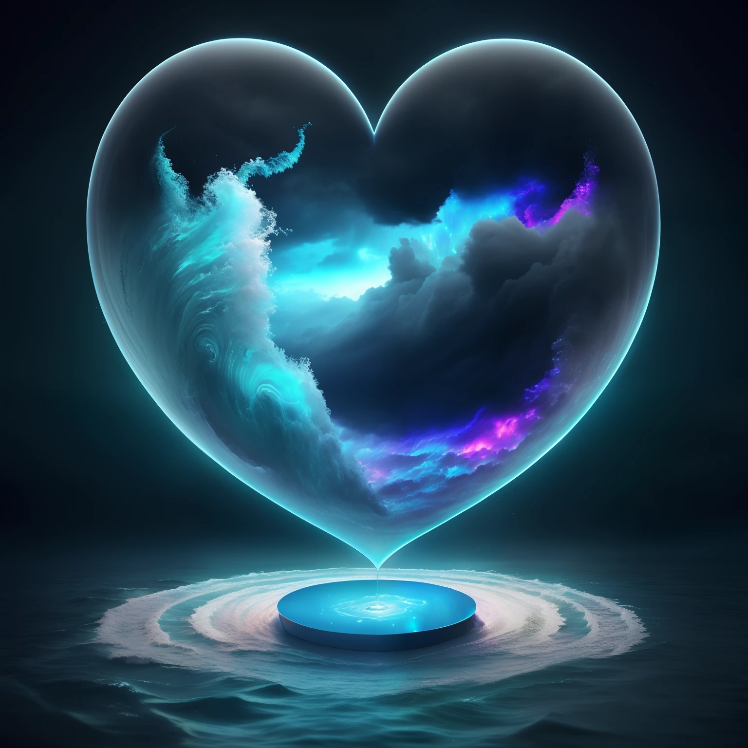 Tempestade num oceano, sky with clouds, thunders, iridescence water elemental, breathtaking digital art, water element.