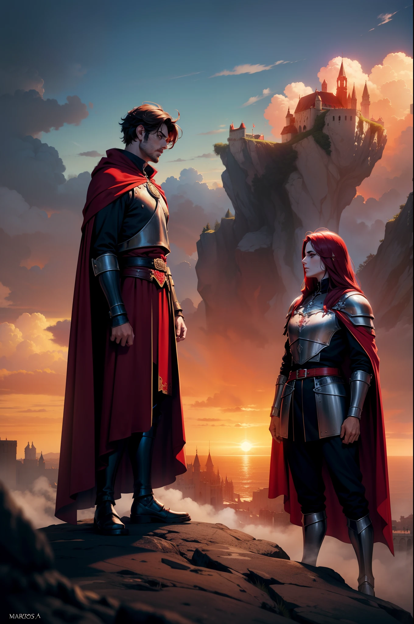 Dois personagens guerreiros, entardecer, 8k, magnifica, poderoso, magia, Mantos, sangue, Cidade medieval, dramatic scene, Colors of Gothic armor, sky with many clouds, Magnificent, tunic, Long, flowing red cape