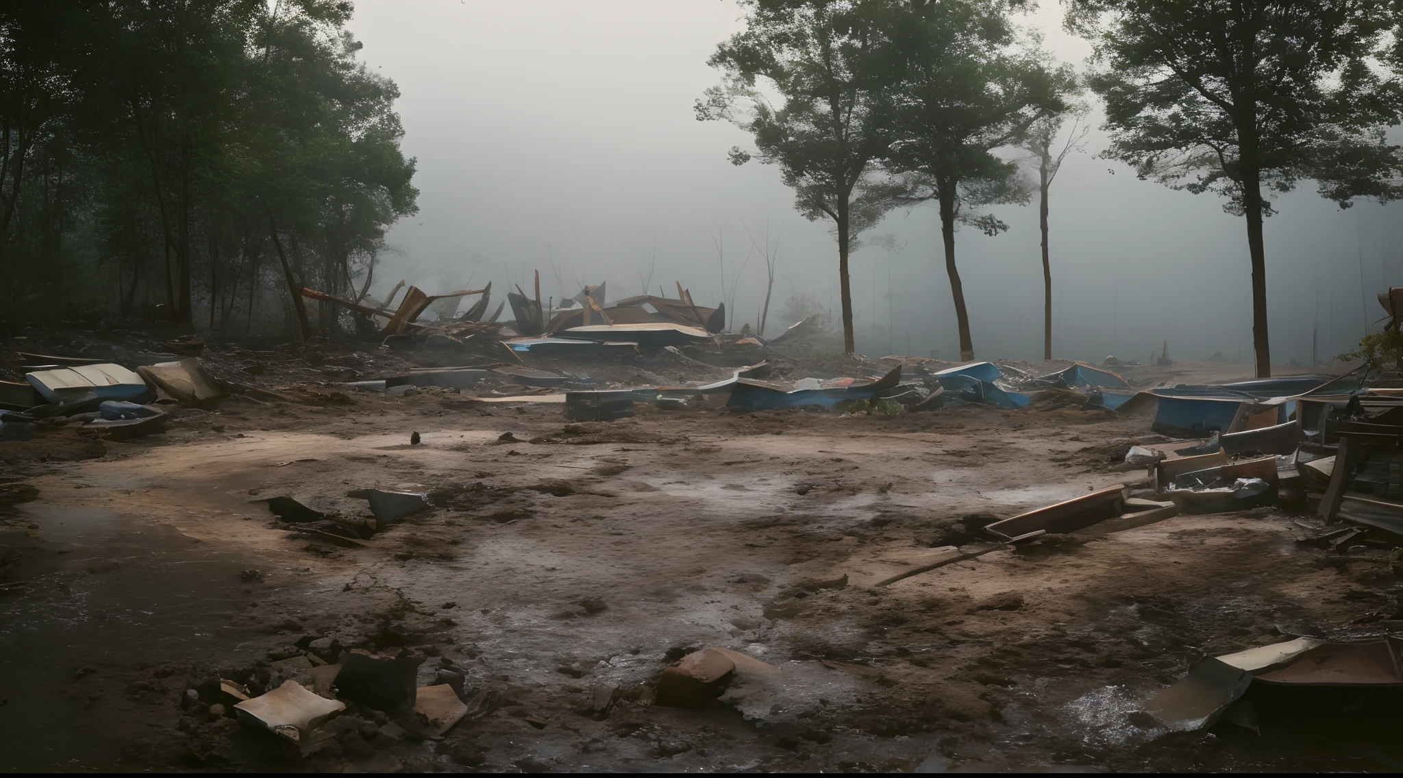 Moon Night，deep in the night、White fine moonlight，Ground fog、A wasteland、an overgrown、Contre-Jour、darkly、deep colour、Road area water、Small pool in the wilderness、The remains of a collapsed building、Brick and wood details on the floor、muddy ground