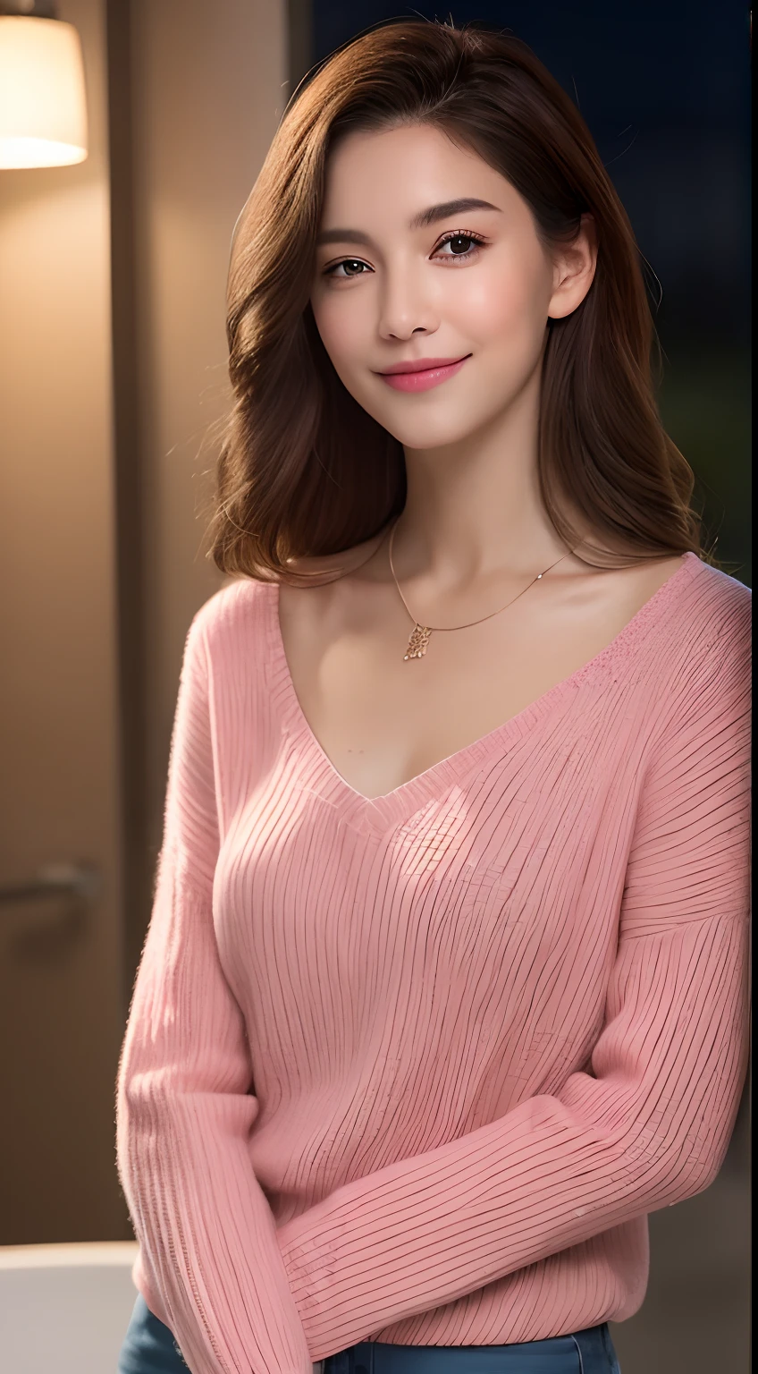 ((Night, Realistic Light, Best Quality, 8K, Masterpiece: 1.3)), 1girl, Slim Beauty: 1.4, Abs: 1.1, (Brown hair, Medium breasts: 1.3), Long pink sweater: 1.1, Bathroom, Super fine face, Delicate eyes, Double eyelids, smile, necklace