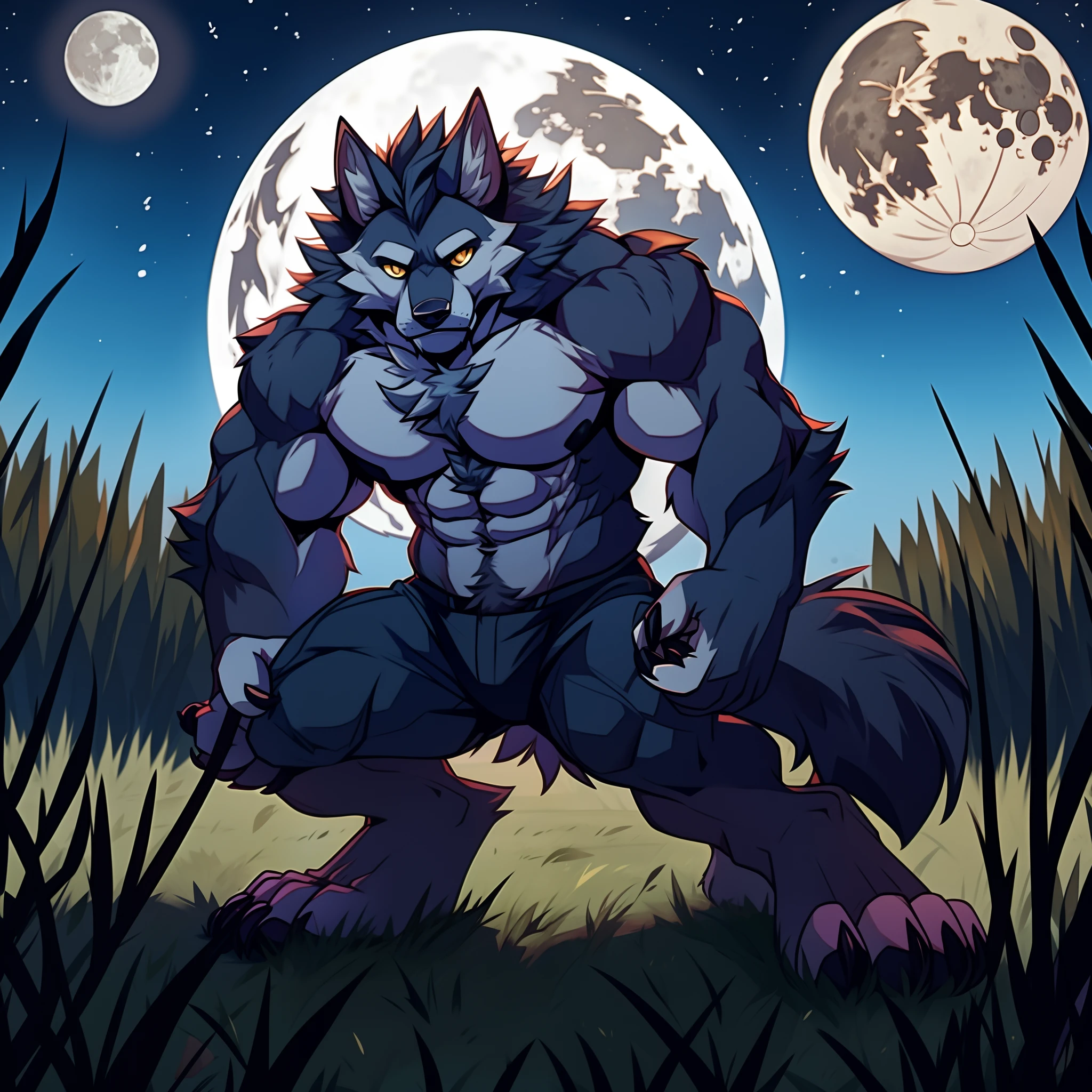 muscular werewolf，Solid white，grassy fields，during night，Hairy all over，clawed paws，erect through，moon full
