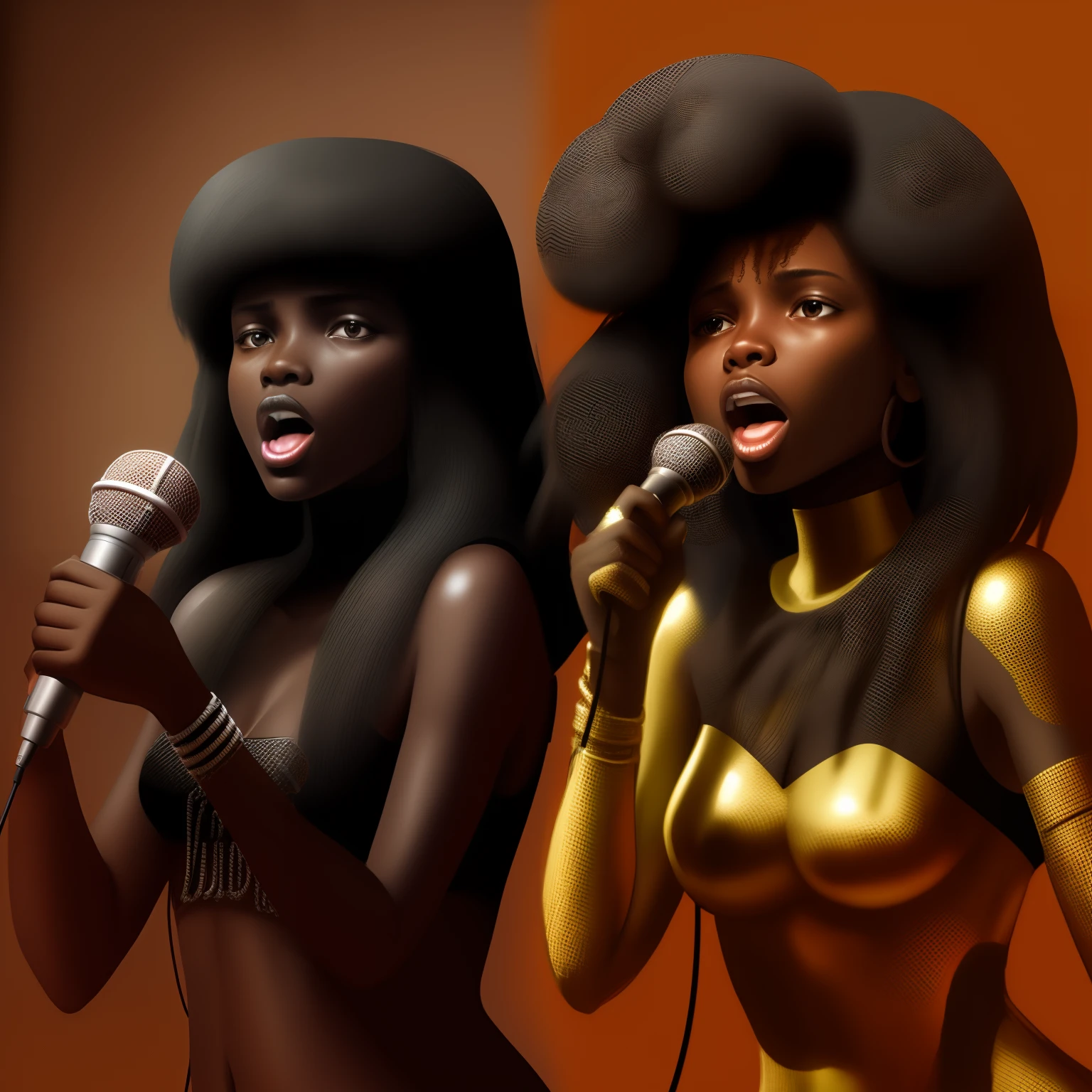 Duas meninas negras de 5 e 6 anos cantando com microfone