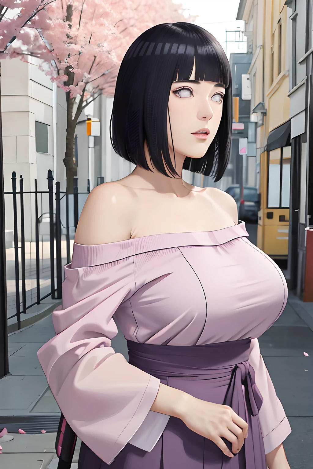 masterpiece, absurdres, hinata\(boruto\), 1girl, solo,mature female, off-shoulder oversized shirt, looking at viewer, (falling petals), perfect composition, detailed lips, big breast, beautiful face, body propotion, blush, (pink lips), long hair, purple eyes, soft gaze, super realistic, detailed, photoshoot, realistic face and body, side view