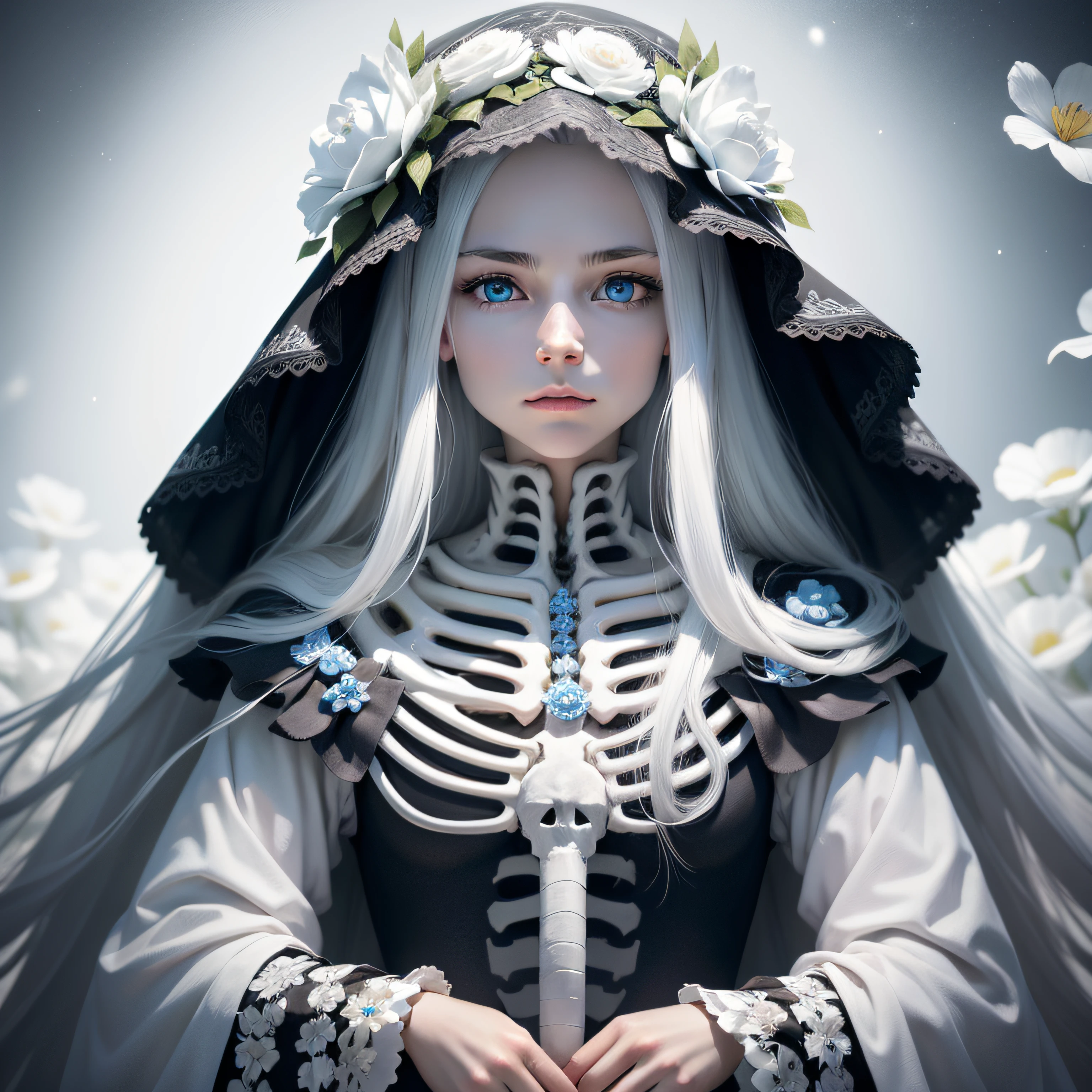 (Highest picture quality), (highly detailed) skeleton, white, blue eyes, black background, white long hair, white flowers in circle, (photo-realistic:1.1),