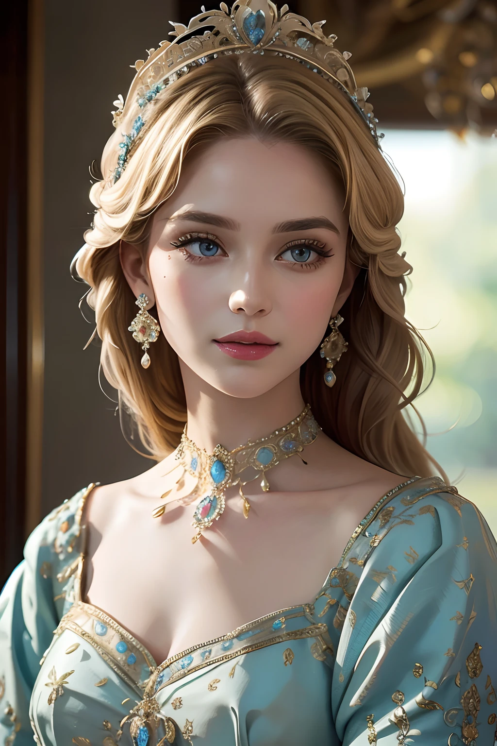 tmasterpiece,Highest image quality,Beautiful bust of a royal lady,Delicate blonde hairstyle,Embellished with brilliant and intricate floral jewelry,super detailing,upscaled。