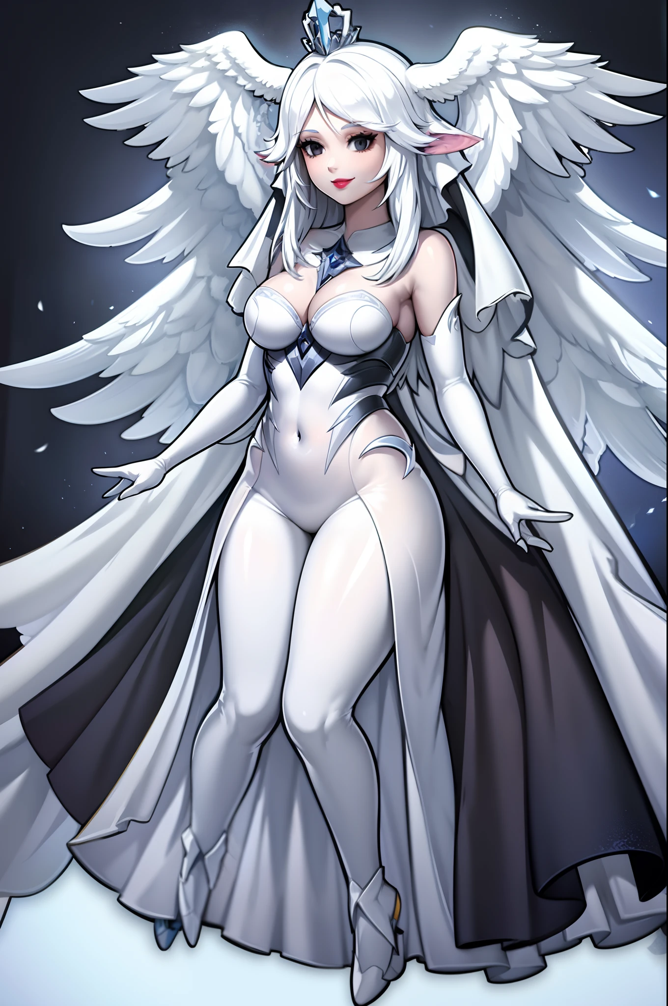 hydaelyn_tpa, 1girl, veil, white bodysuit, white wings, cape, lipstick, crown, smile, cowboy shot, simple background, highly detailed, absurdres, masterpiece,chibi,full body,standing,, black eyes style paper mario