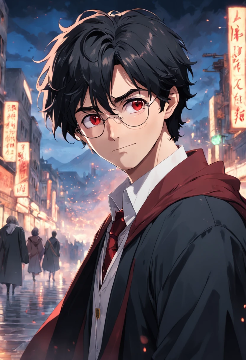 harry potter, guy, black hair, tousled, green eyes, wear glasses, pale, smile, man, white shirt, black coat, red tie