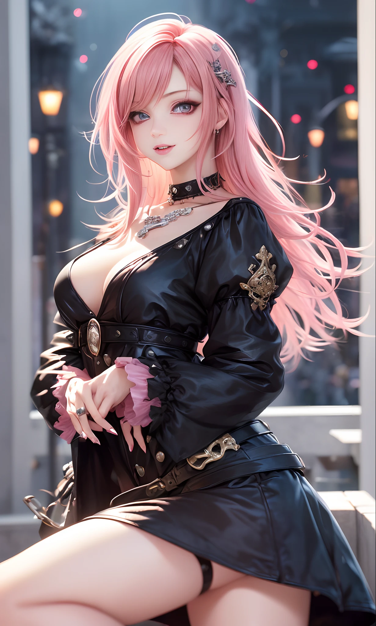 masterpiece, top-quality, ((1womanl)), Adults, different color, finely eye and detailed face, intricate detailes, Casual black and white attire((Sexy clothes)), window, A smile, Happiness, tenderness, high-level image quality、 selfee, Beautuful Women、tall、a small face, D-cups, The upper part of the body、nightfall, nighttime scene、𝓡𝓸𝓶𝓪𝓷𝓽𝓲𝓬、Korea person, Idol Photos, Model photo, k pop, Professional Photos, Vampires, Korean fashion in black and white, Fedoman with necklace, inspired by Sim Sa-jeong, androgynous vampire, :9 detailed face: 8, extra detailed face, detailed punk hair, ((eyes are brown)) baggy eyes, Seductive. Highly detailed, semi realistic anime, Vampires, hyperrealistic , Delicate androgynous princess, imvu, ((short hair woman)), Pink hair woman with wild look, Sexy look, ((Woman with short pink hair)), ((1 persons))