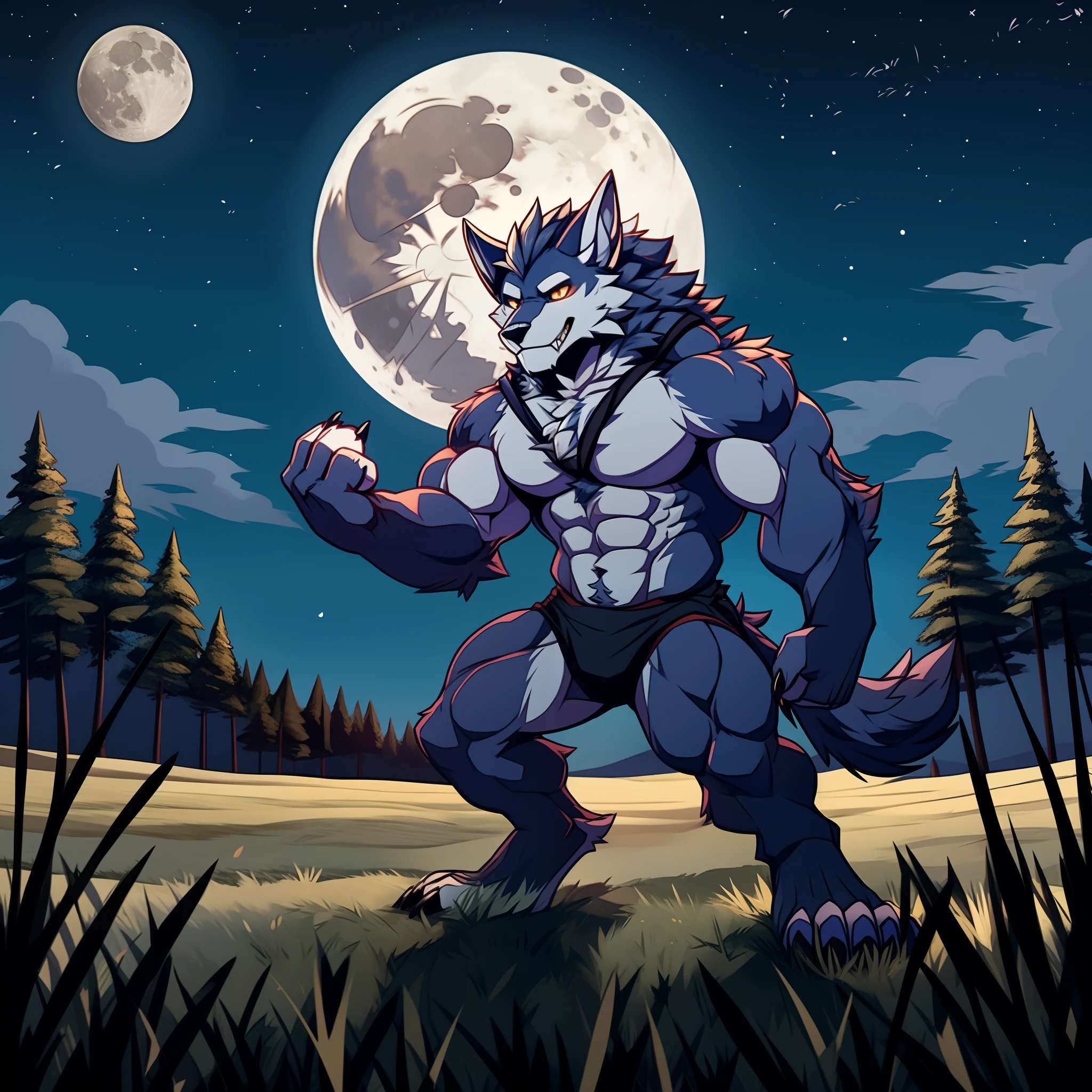 muscular werewolf，Solid white，grassy fields，during night，Hairy all over，clawed paws，erect through，moon full