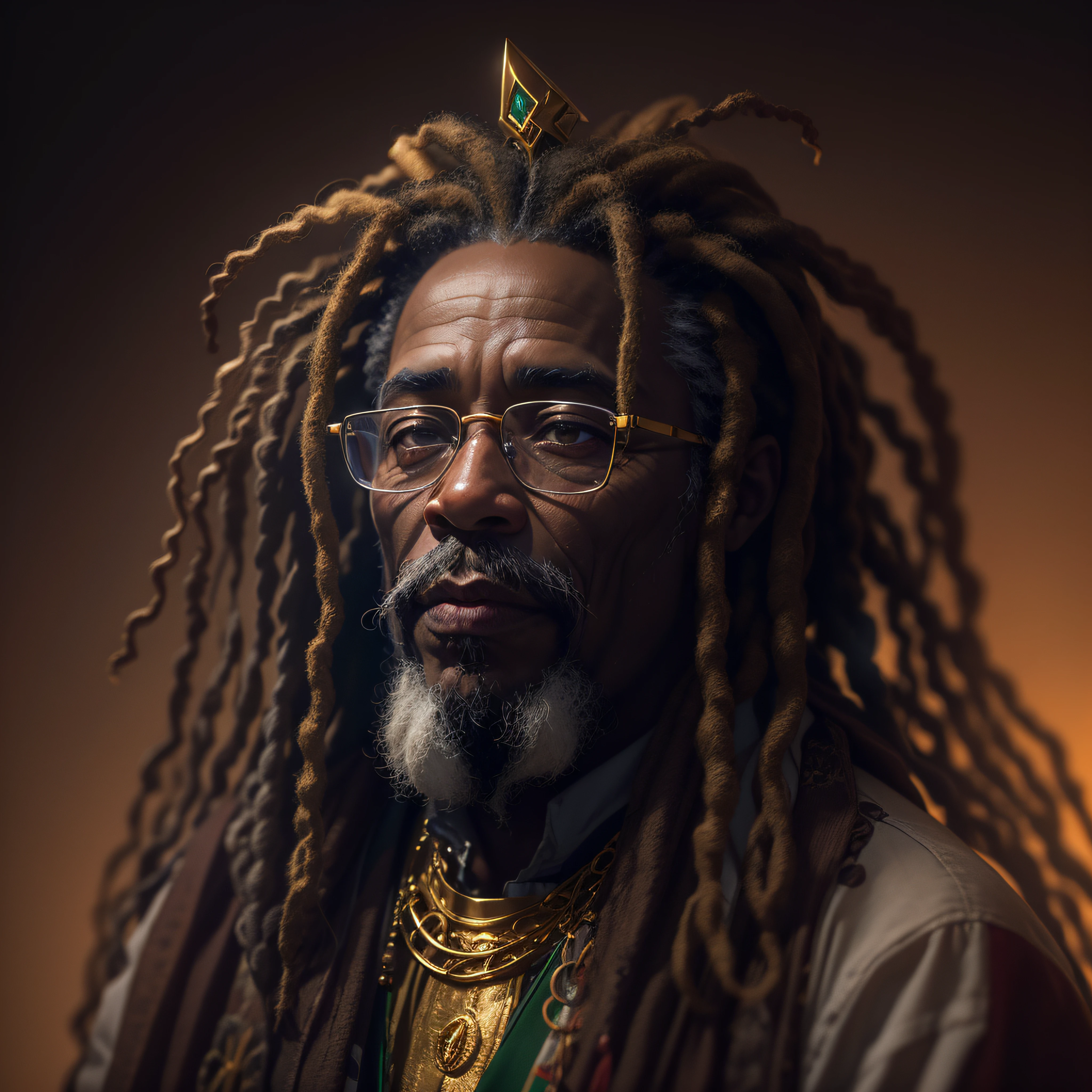Rastafari Oldman with gold Rastafari accessories in dreadlocks, fotografia, soft-lighting, detalhes suaves, octana, Artstation Trend, ultra alto detalhe, Ultra realista, cinemactic, 16k, Imagem com pelo menos 300dpi, fundo preto, lighting to highlight the background figure
