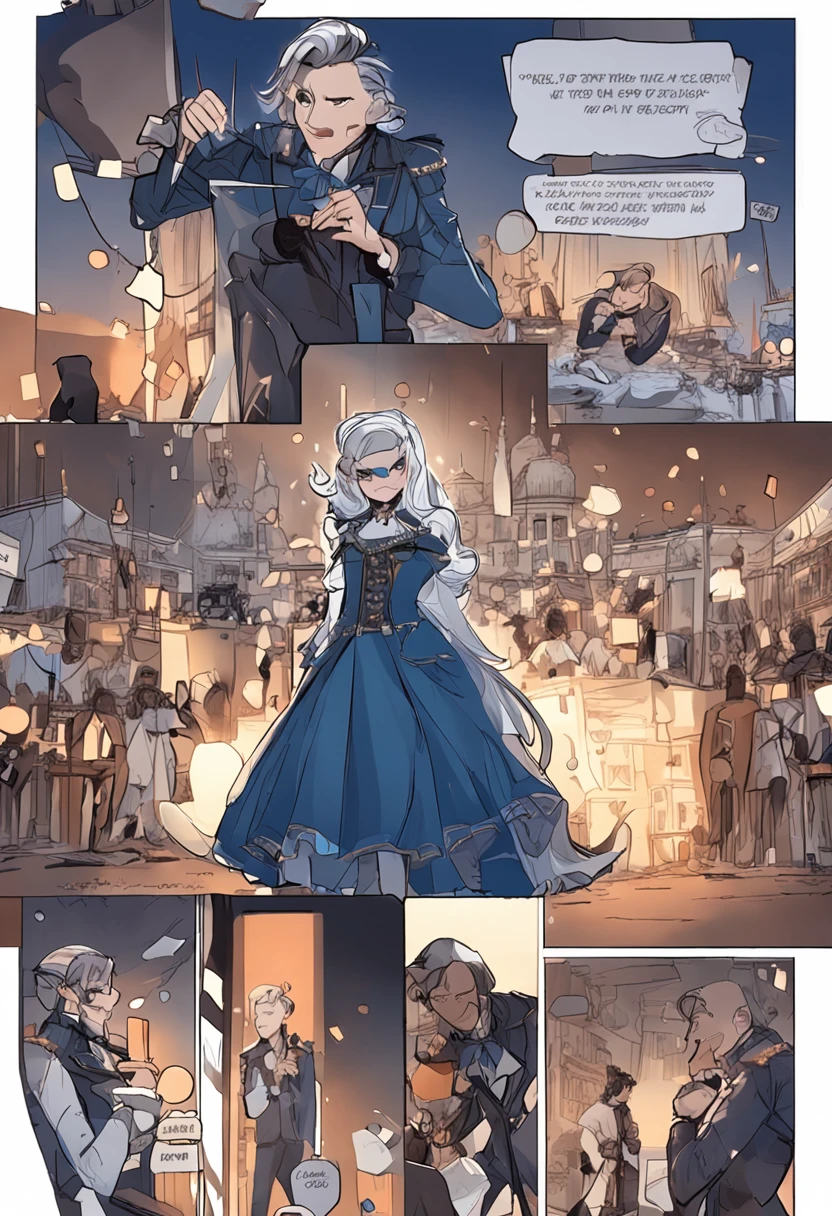 s girl,black leg rings,Blue top hat,white color hair,blue gradient hair,Blue and white heteropupils,White gloves,Blue tuxedo,Blue bow at waist,short white pants,noble,ellegance(Masterpiece,Best quality,Ultra-detailed,Detailed background)