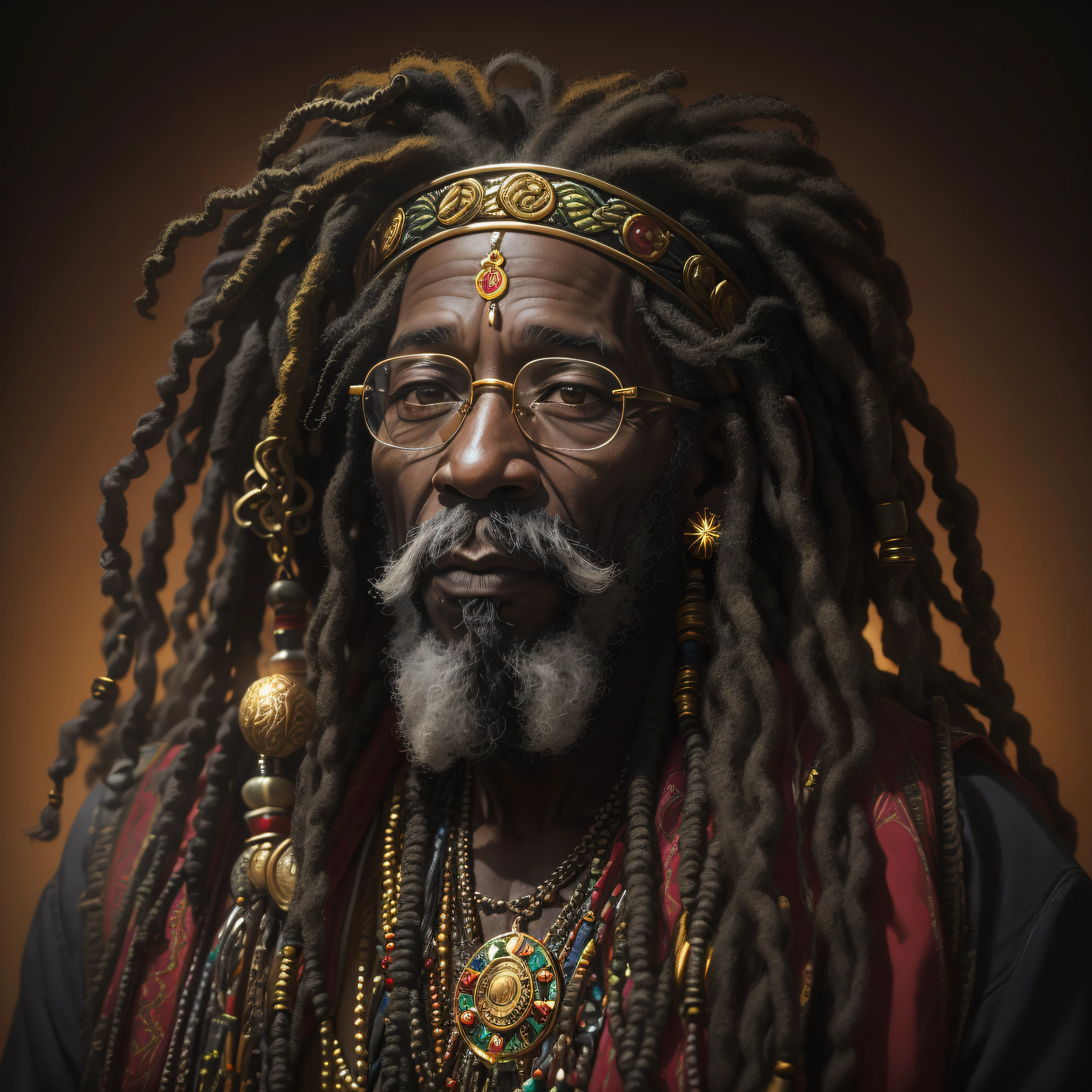 Rastafari Oldman with gold Rastafari accessories in dreadlocks, fotografia, soft-lighting, detalhes suaves, octana, Artstation Trend, ultra alto detalhe, Ultra realista, cinemactic, 16k, Imagem com pelo menos 300dpi, fundo preto, lighting to highlight the background figure