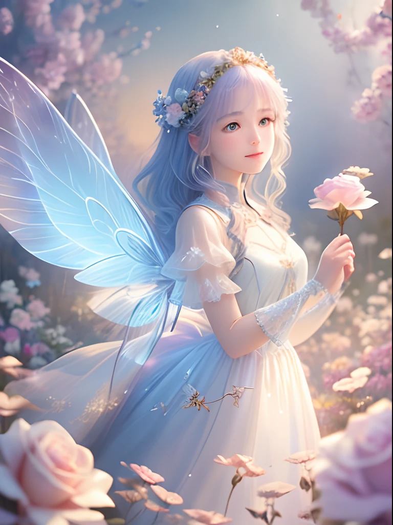 1 moon，Beautiful transparent flower fairy girl, Transparent colorful wings, The wand flutters in the wind､The wand flashed with starlight，Golden wand，Beautiful blue sky and white clouds、Girls have transparent wings､kindly smile､Beautiful garden background､Gentle and transparent，anatomy correct, Delicate pattern，Pink rose space, Soft lighting, ( Bokeh)，Masterpiece, Super detailed, Epic composition, Highest quality, 8K，Epic romantic fantasy digital art，Epic fairy tale fantasy digital art，Mythological fantasy，UHD resolution，Detailed detail drawing，realisticlying，Very realistic，cinmatic lighting,an award winning photograph,rich colours，hyper realistic lifelike texture，dramatic  lighting