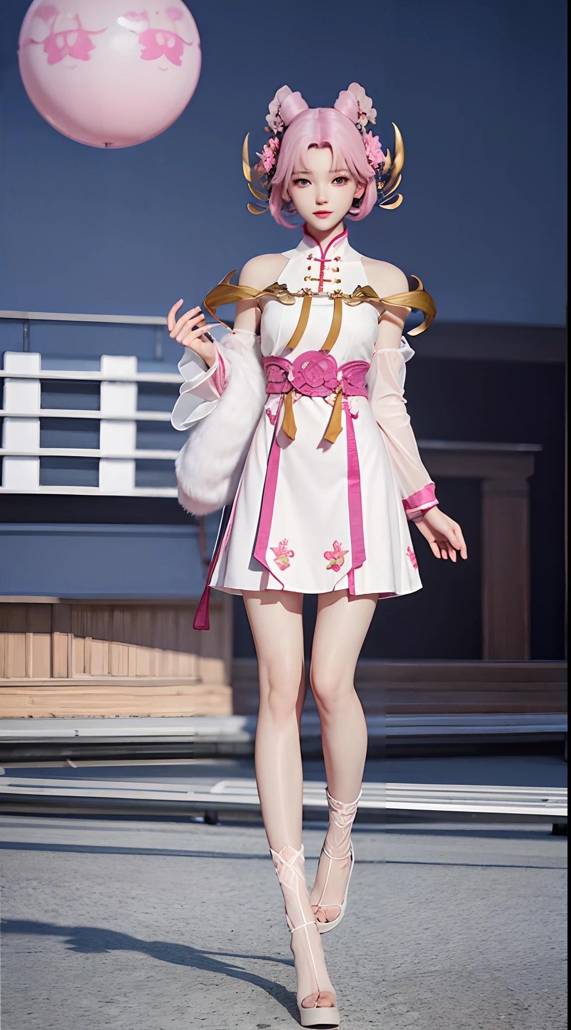 Pink hair　a short bob　Beautiful breasts　qipao dress