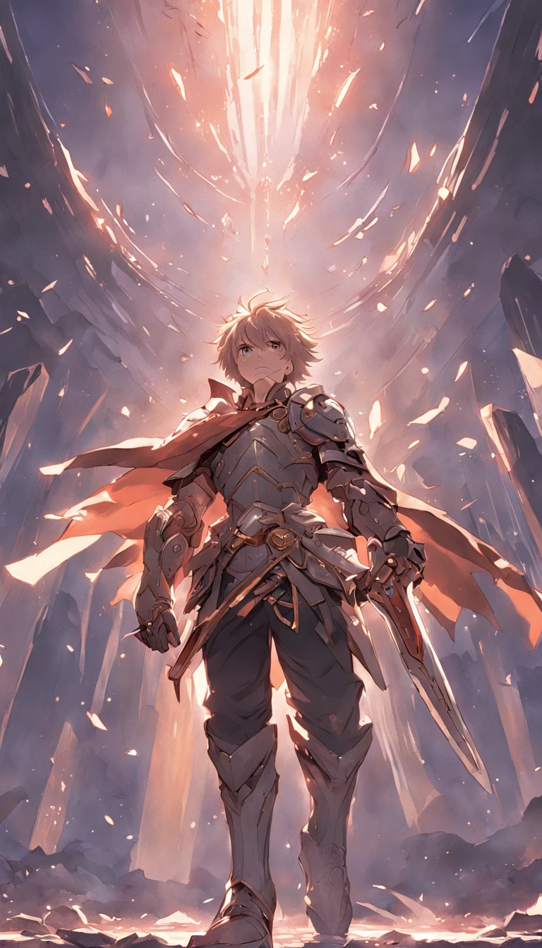 Jovem espadachim de armadura leve, wielding a two-handed sword, His eyes are golden, Your hair is white, The terrain around you is in ruins and these ruins are floating, o jovem guerreiro estar com um olhar determinado, imagem de alta qualidade