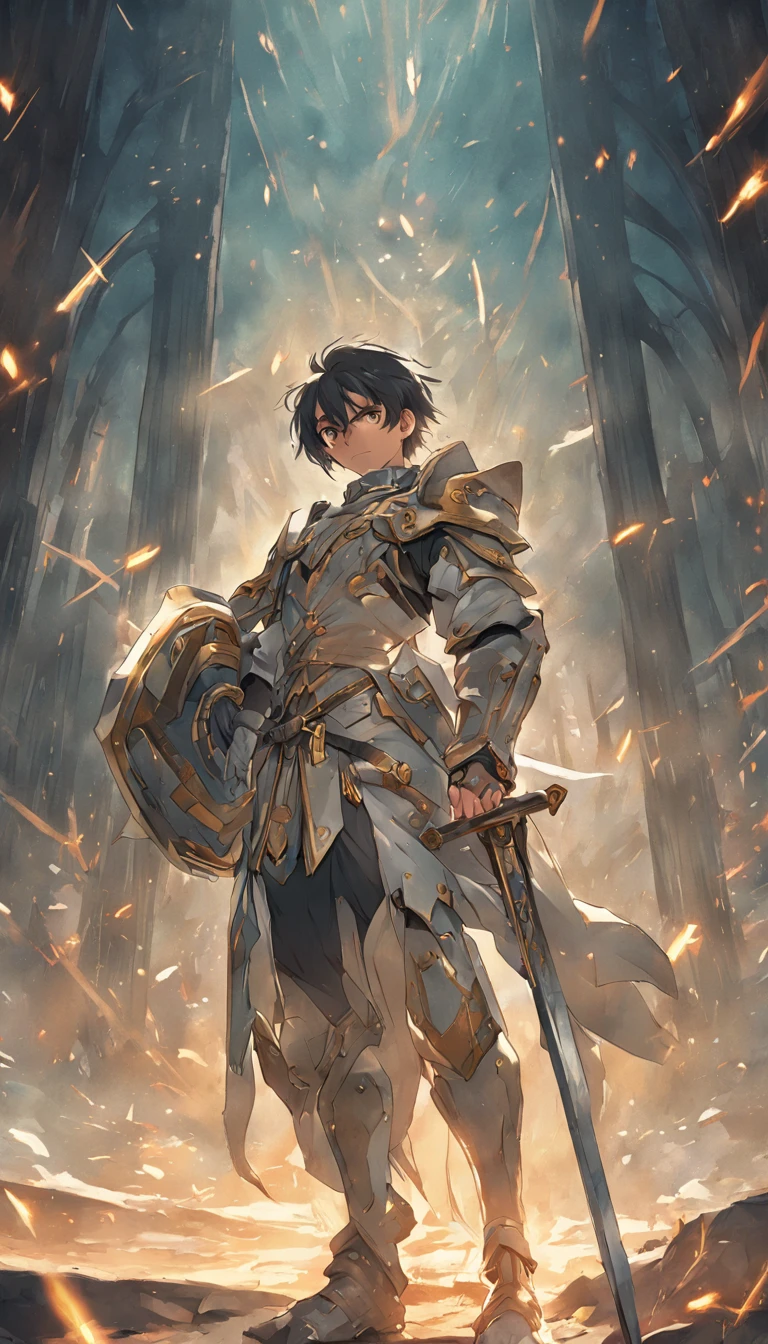 Jovem espadachim de armadura leve, wielding a two-handed sword, His eyes are golden, Your hair is white, The terrain around you is in ruins and these ruins are floating, o jovem guerreiro estar com um olhar determinado, imagem de alta qualidade