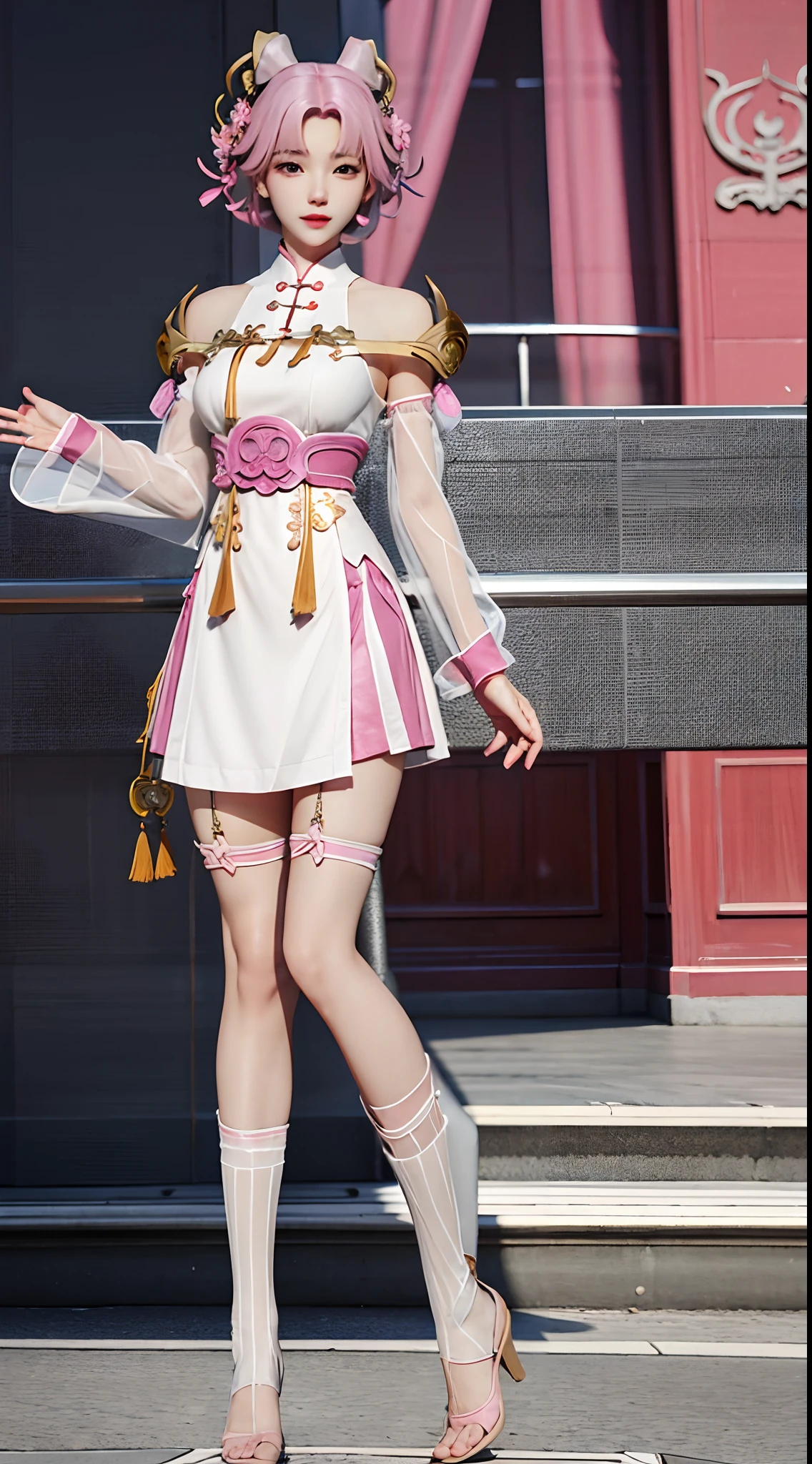 Pink hair a short bob Beautiful breasts qipao dress