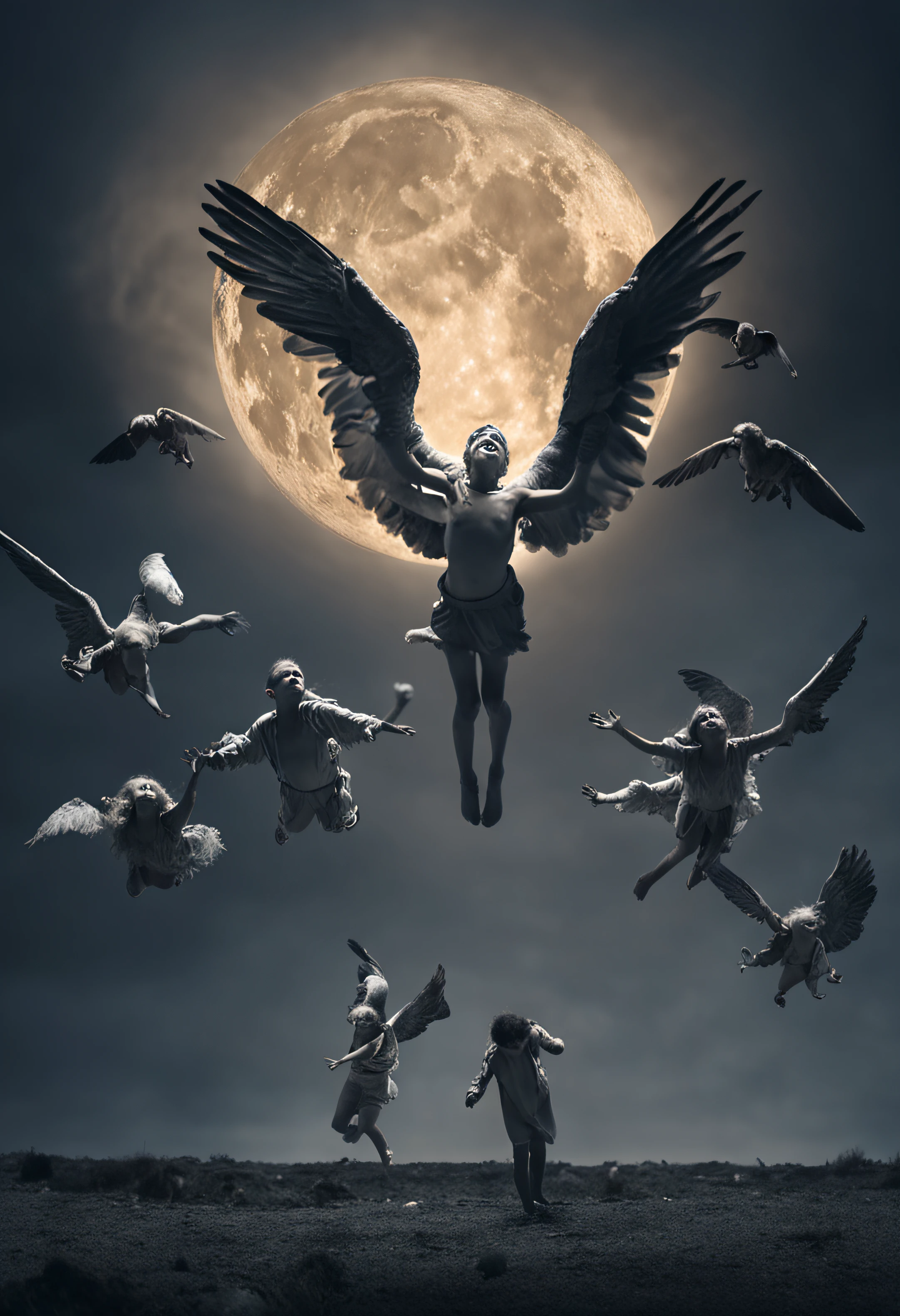 A hyper-realistic scene of 10 angels falling from the sky during the rather dark night being dimly lit by the moon, captured in a photograph of incredible realism