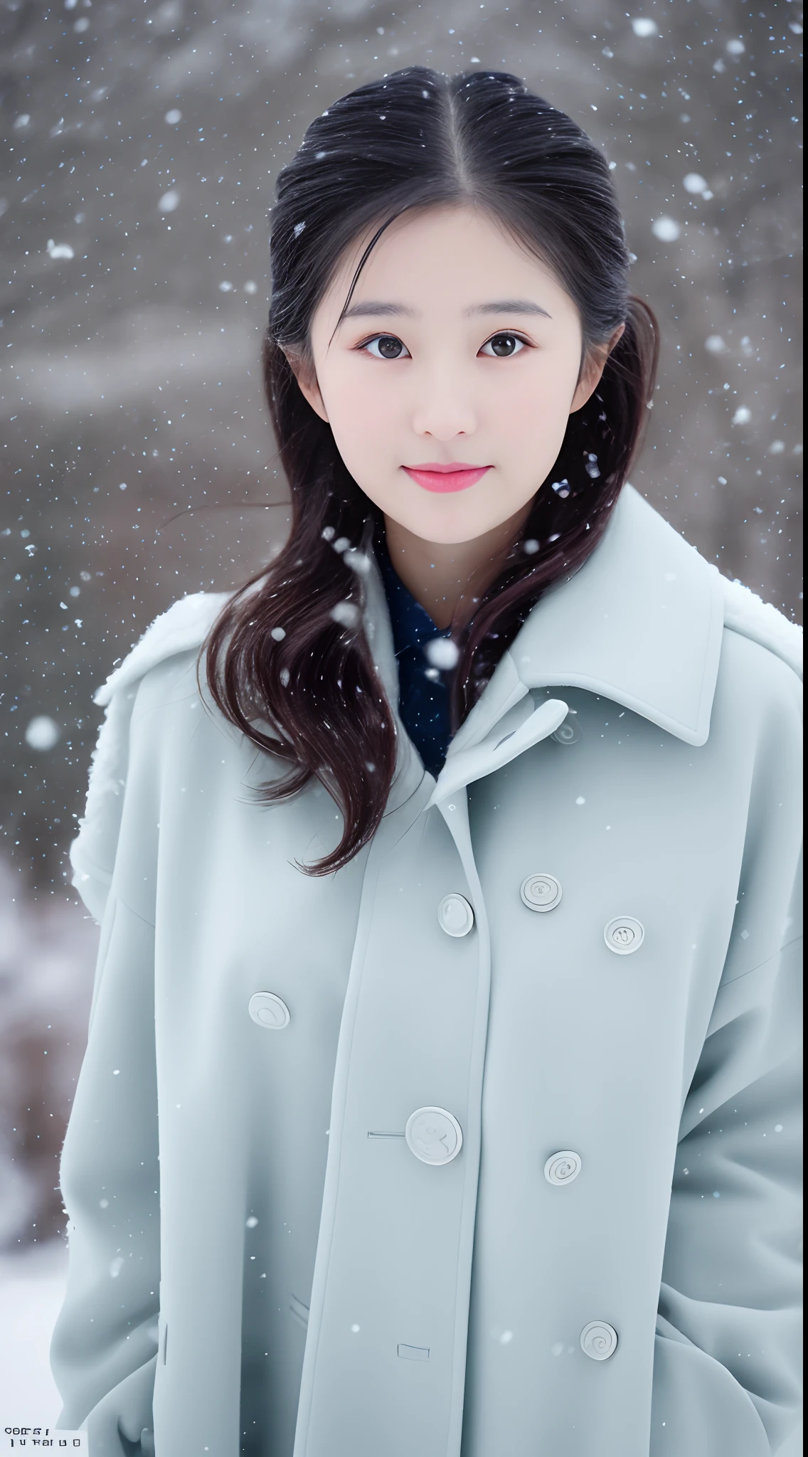 realistic photos of (1 cute Korean star) Shoulder-length hair, thin makeup, medium breasts size, wearing coat, in the snow, clear facial features, 8K high resolution, sharp and realistic details.from outside, Eye-Level Shot, f/4.0, 135mm, Fujifilm, jpeg artifacts, dithering, UHD, masterpiece