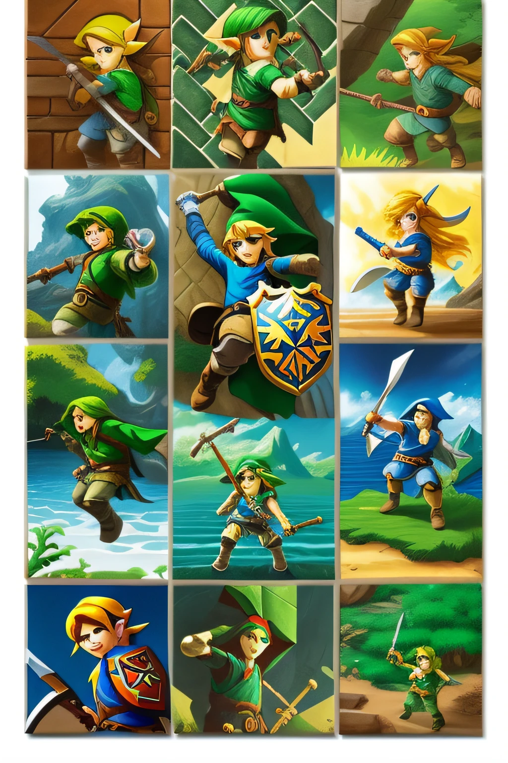 eight pictures that are tiles that match up to reveal Young Link from the adventures of zelda video game, the tiles are all cohesive to the final image, ultra detailed video game art, comic book sequence