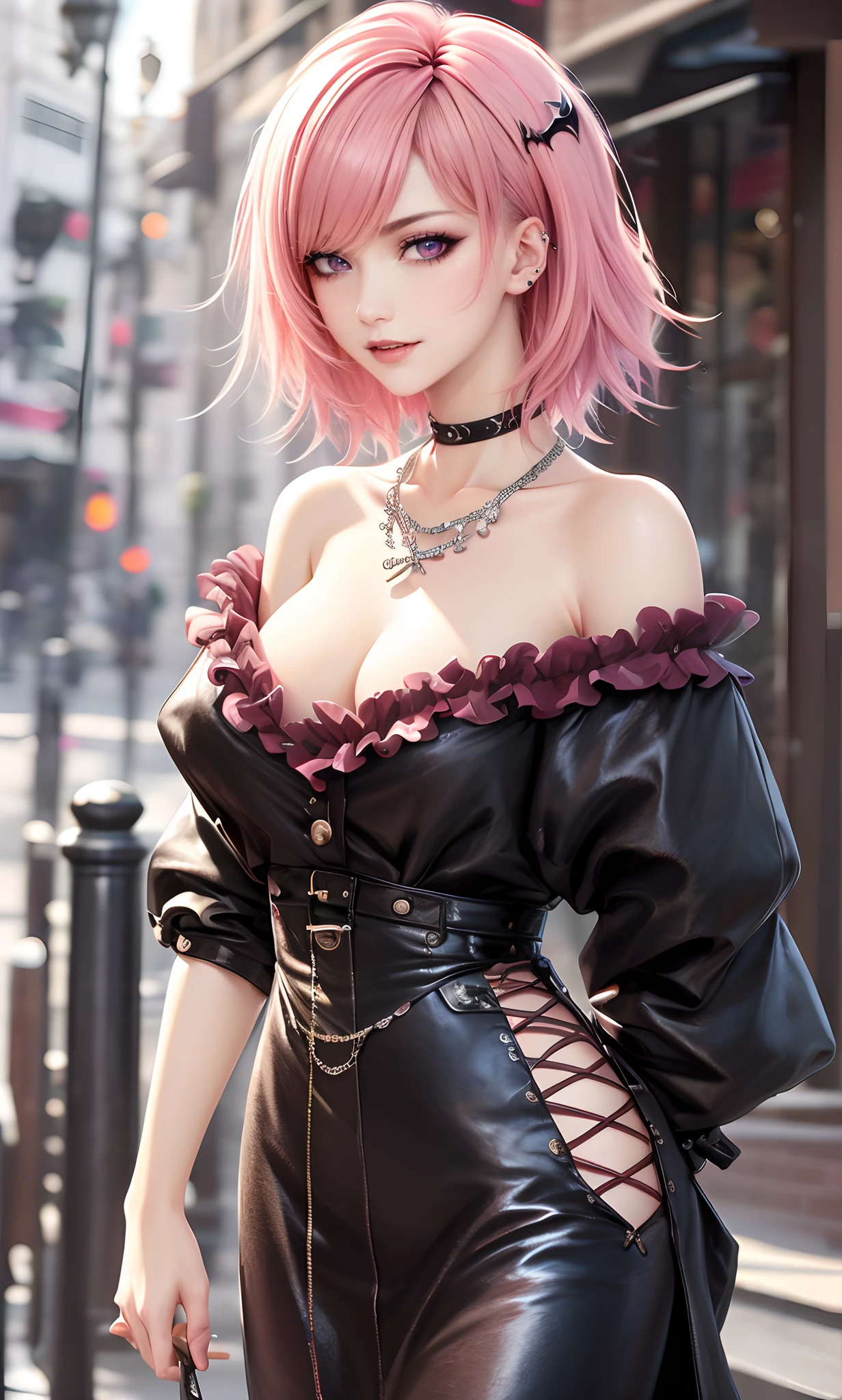 ​masterpiece, top-quality, ((1womanl)), Adults, different color, finely eye and detailed face, intricate detailes, Casual black and white attire((Sexy clothes)), window, A smile, Happiness, tenderness, high-level image quality、 selfee, Beautuful Women、tall、a small face, D-cups, The upper part of the body、nightfall, nighttime scene、𝓡𝓸𝓶𝓪𝓷𝓽𝓲𝓬、Korea person, Idol Photos, Model photo, k pop, Professional Photos, Vampires, Korean fashion in black and white, Fedoman with necklace, inspired by Sim Sa-jeong, androgynous vampire, :9 detailed face: 8, extra detailed face, detailed punk hair, ((eyes are brown)) baggy eyes, Seductive. Highly detailed, semi realistic anime, Vampires, hyperrealistic , Delicate androgynous princess, imvu, ((short hair woman)), Pink hair woman with wild look, Sexy look, ((Woman with short pink hair)), ((1 persons))