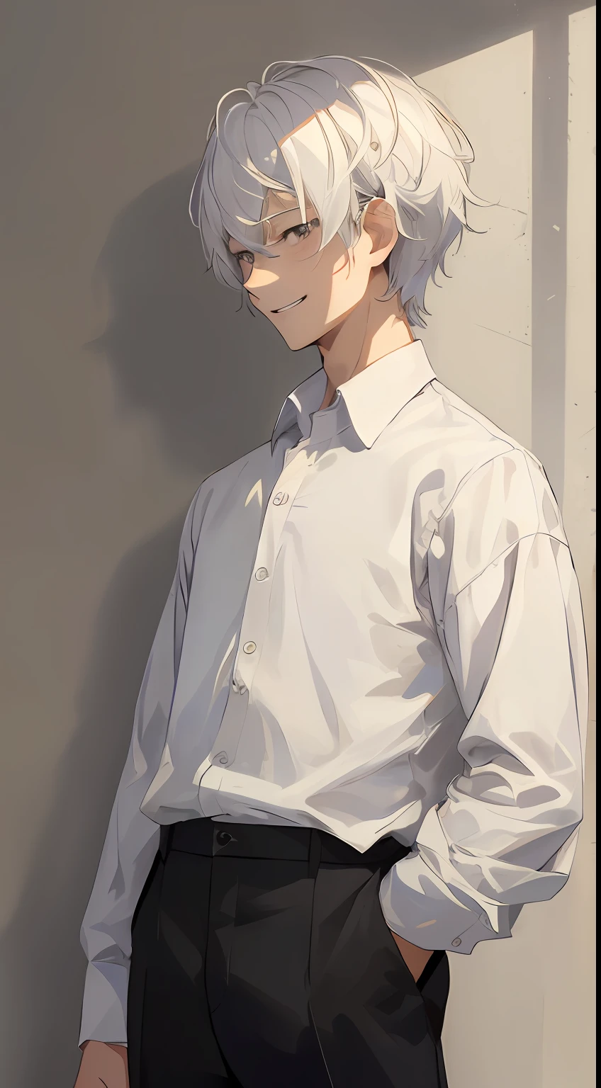 (masterpiece、top-quality、hightquality)、1 juvenile、a 15 year old boy、(A smile))Look at viewers、white hair、Straight Hair Medium、fluffy hair、grey eyes、White shirt、Black pants、dynamic ungle、Lateral face、profile