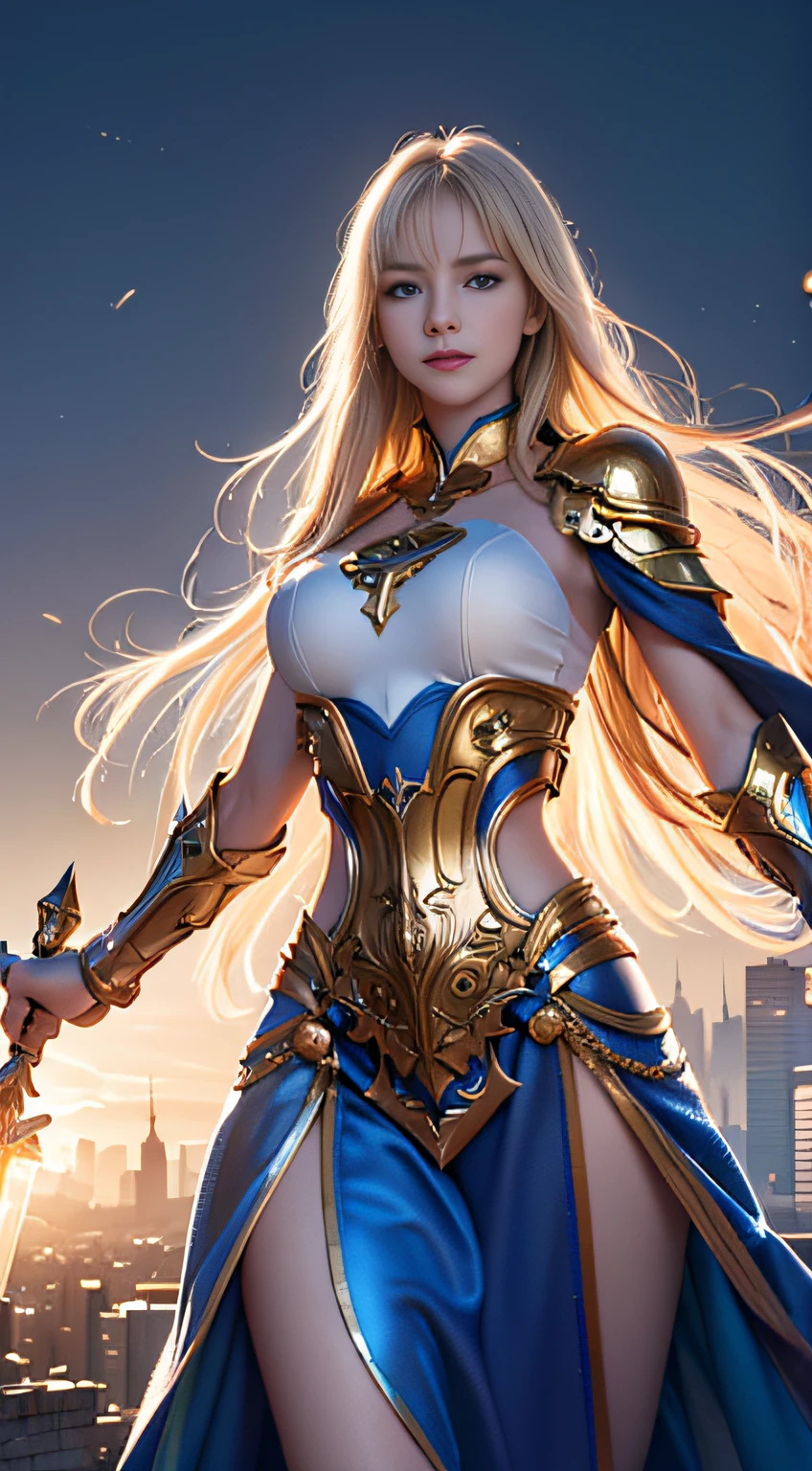 A majestic paladin in golden armor, Wielding a sword full of light, And holding a giant golden shield. The paladin's blue eyes gleam with determination as they navigate the dark and mysterious cityscape. The glow of the Paladin's sword illuminated the surroundings, Uncover intricate details，Add a cinematic touch to the composition. The overall aesthetic captures the beauty and depth of the scene, Reminiscent of Fujifilm photography.