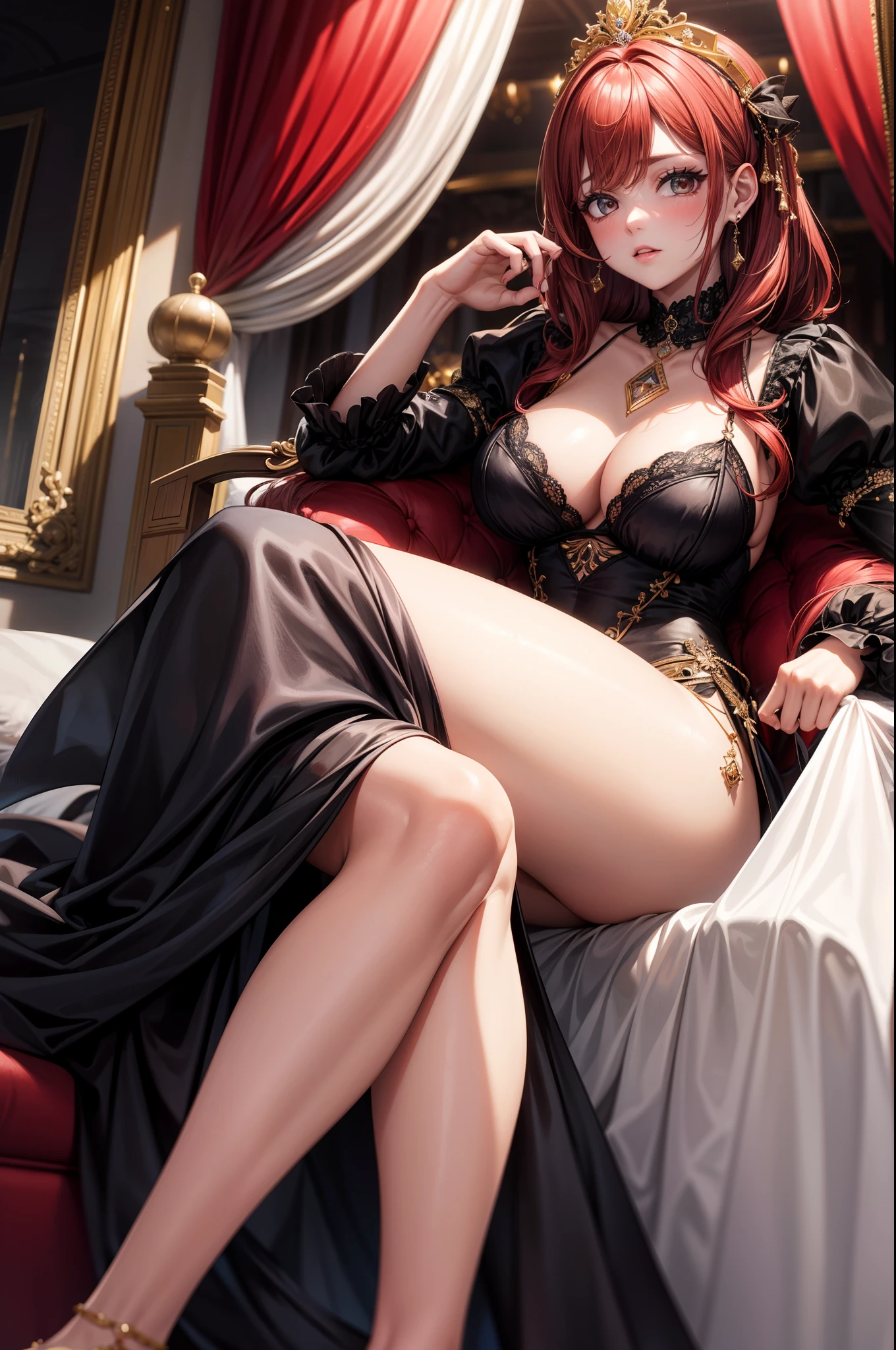 (obra maestra) (La mejor calidad) Una hermosa mujer pelirroja con cabello muy largo que fluye por su espalda, con un impresionante vestido de fiesta negro con escote en V. Ella lleva un par de pendientes de diamantes, un collar de oro fino y varios anillos en sus dedos. Ella lleva tacones altos de un rojo intenso. She is leaving her large mansion to go to an event. vendimia, vendimia, glamour (big breats)