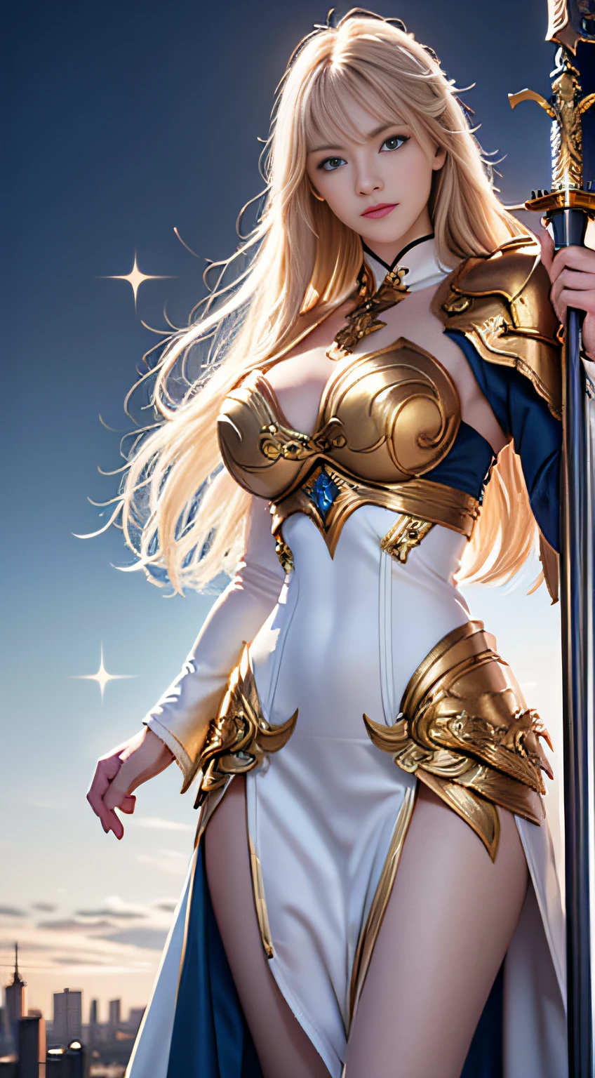 A majestic paladin in golden armor, Wielding a sword full of light, And holding a giant golden shield. The paladin's blue eyes gleam with determination as they navigate the dark and mysterious cityscape. The glow of the Paladin's sword illuminated the surroundings, Uncover intricate details，Add a cinematic touch to the composition. The overall aesthetic captures the beauty and depth of the scene, Reminiscent of Fujifilm photography.