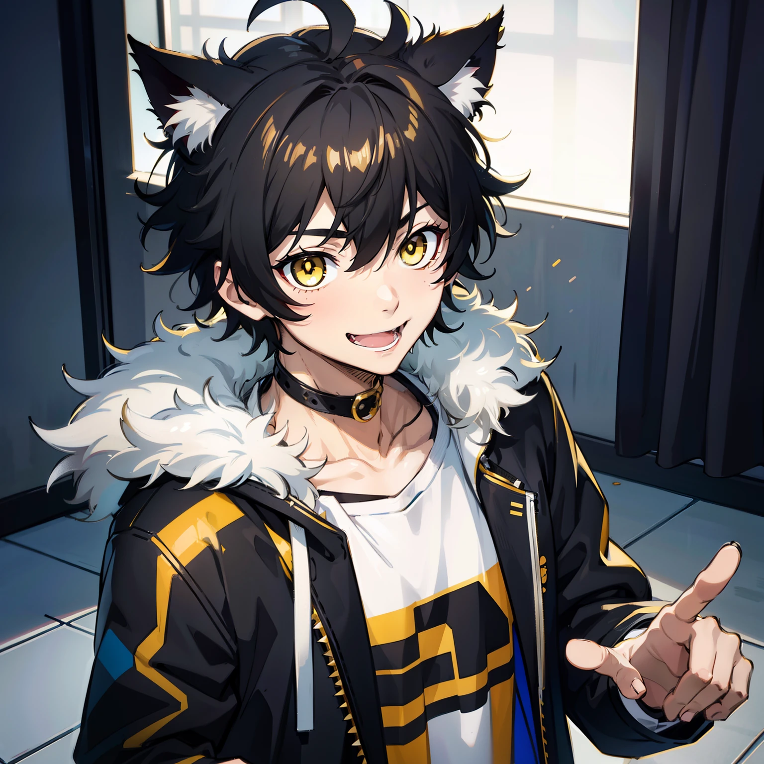 ultra detailed, best quality, finely detail, anime boy, neko, 1 boy, male, black hair, short hair, messy spiky hair, volumous messy hair, cat ears, animal ears, black feline tail, striped black shirt over coat, yellow coat, black shorts, casual clothes, evil smile, relaxed expression, smile, white eyes, yellow pupils, red nose