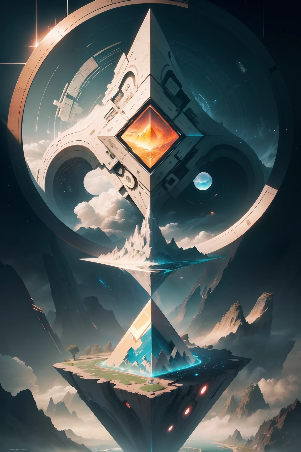 Imagine a beautiful flowing organic light contrasting world without deception, Greed or evil levitates in the clouds, There are floating cities and naturist waterfalls. (Highly epic details geometric futurism:1.5), Centered, The middle of crazy colorful epic realism, (Center with frame:1.4), prisms. grid, triangles, fractalized, Element fusion, (gold:0.9), (Chrome:0.9) Imagine a simply beautiful world full of life and great beauty, Flowing rivers, Fire Falls, Thick gray clouds, A variety of creepy birds and colorful animals, A crater, A volcanic crater, A hot land, 24K resolution, photorealistic image, Super detailed lifestyle style,A huge crossed sword exuded fire,It is surrounded by an aura of lava,