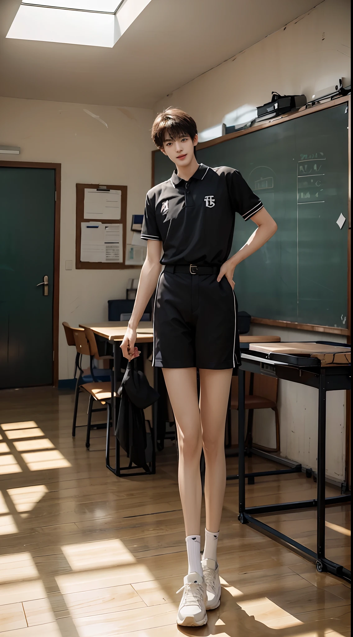 （A 15-year-old junior high school boy stands in a classroom：2），（malefocus），（full bodyesbian）Height 200 cm，Slender legs，der riese，Tall guy，Tall，broad shoulder，Shota，Round face and pointed chin，（The face of the animated male protagonist），Happy smile，tilts your head，Men's baseball uniform，Boxer panties，Messy bangs，Eyes widen，orthofacial，athletic sneakers。and the sun was shining brightly，‎Classroom，ultra-realistic realism, (Photorealistic detail), Incredible accuracy, lifelike textures, masterful technique, Jaw-dropping precision, artistic dedication，（anatomy correct），Good lighting，exquisite detailing，Best quality，stunning masterpiece，CG，（Colored screen）