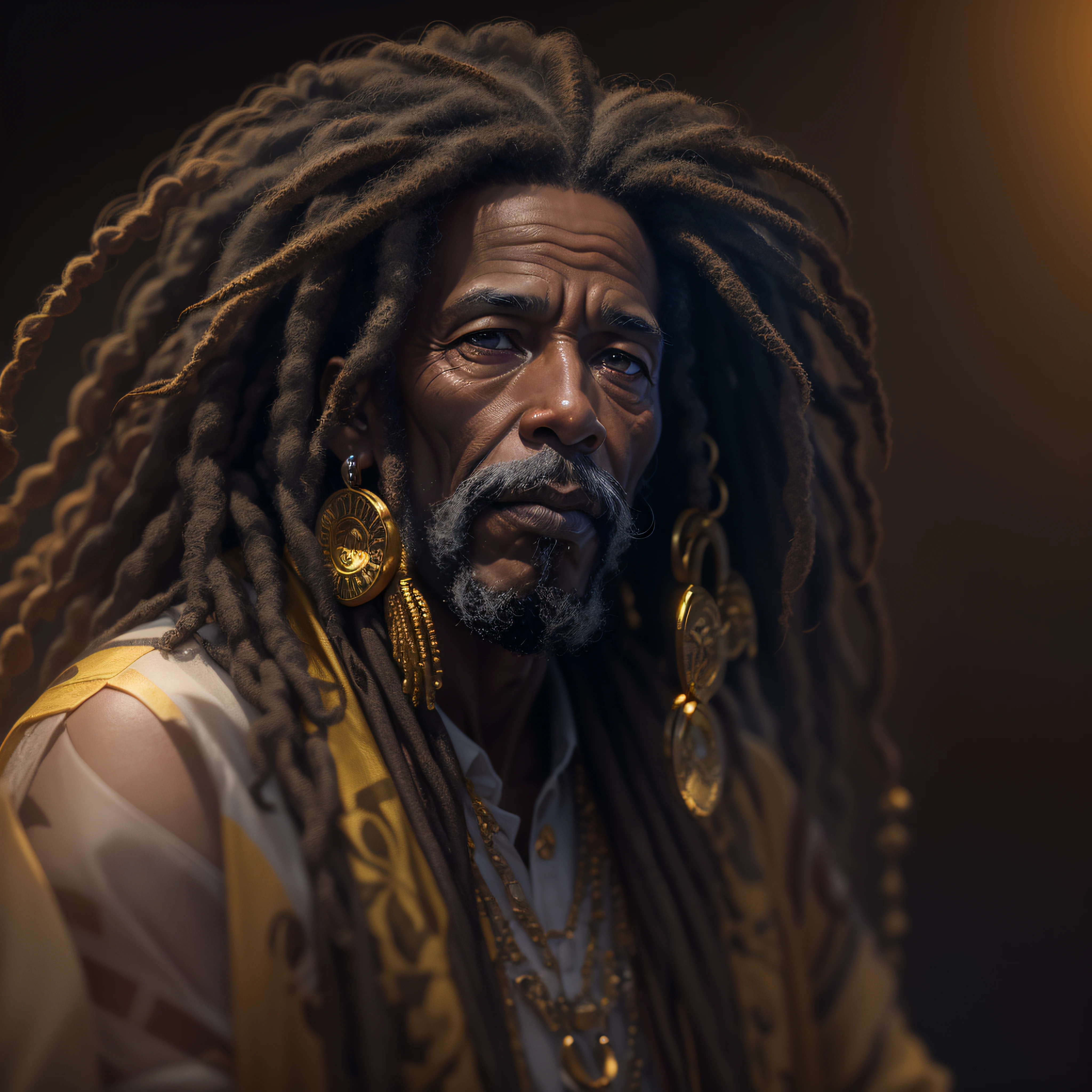 Rastafari Oldman with gold Rastafari accessories in dreadlocks, fotografia, soft-lighting, detalhes suaves, octana, Artstation Trend, ultra alto detalhe, Ultra realista, cinemactic, 16k, Imagem com pelo menos 300dpi, fundo preto, lighting to highlight the background figure