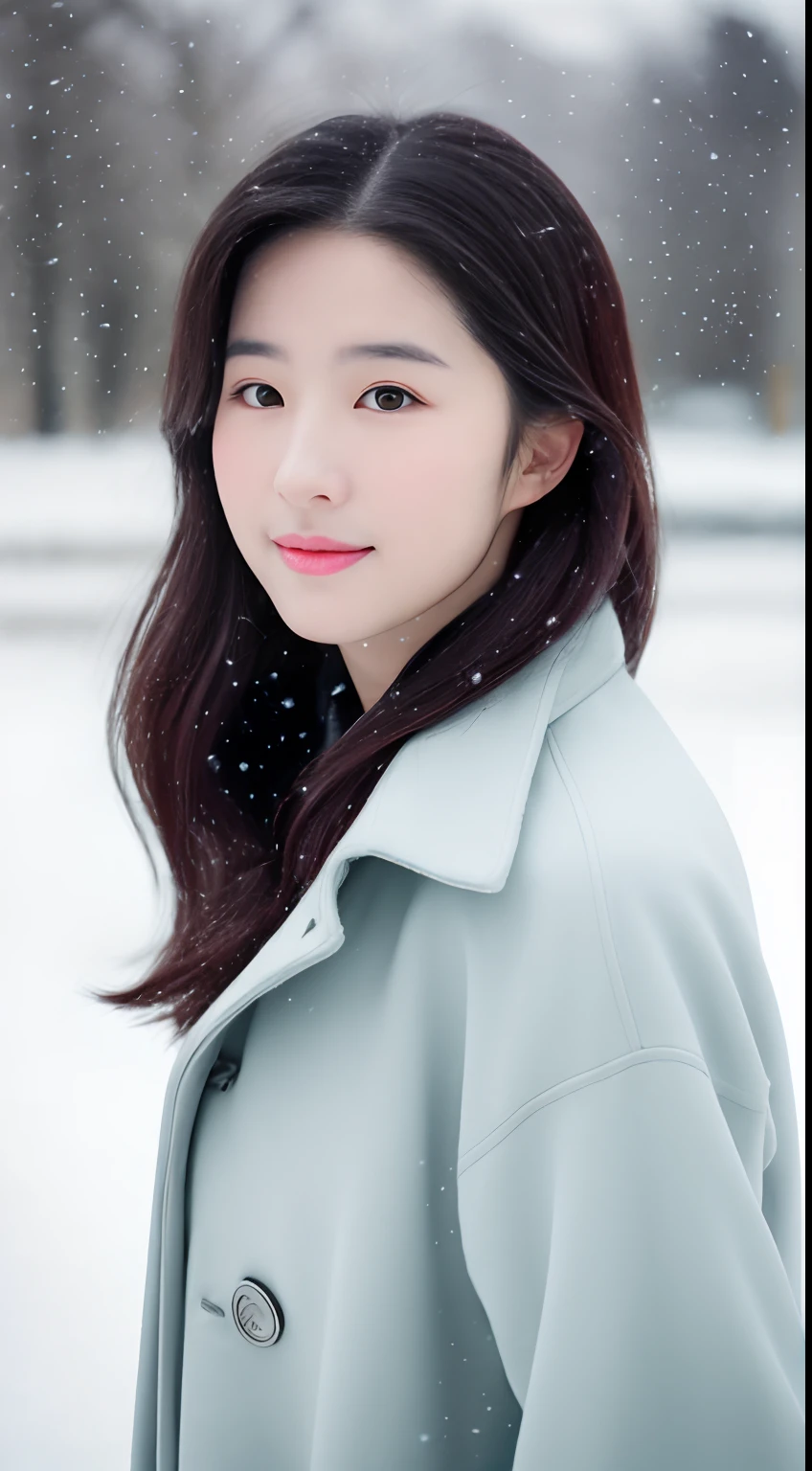 realistic photos of (1 cute Korean star) Shoulder-length hair, thin makeup, medium breasts size, wearing coat, in the snow, clear facial features, 8K high resolution, sharp and realistic details.from outside, Eye-Level Shot, f/4.0, 135mm, Fujifilm, jpeg artifacts, dithering, UHD, masterpiece