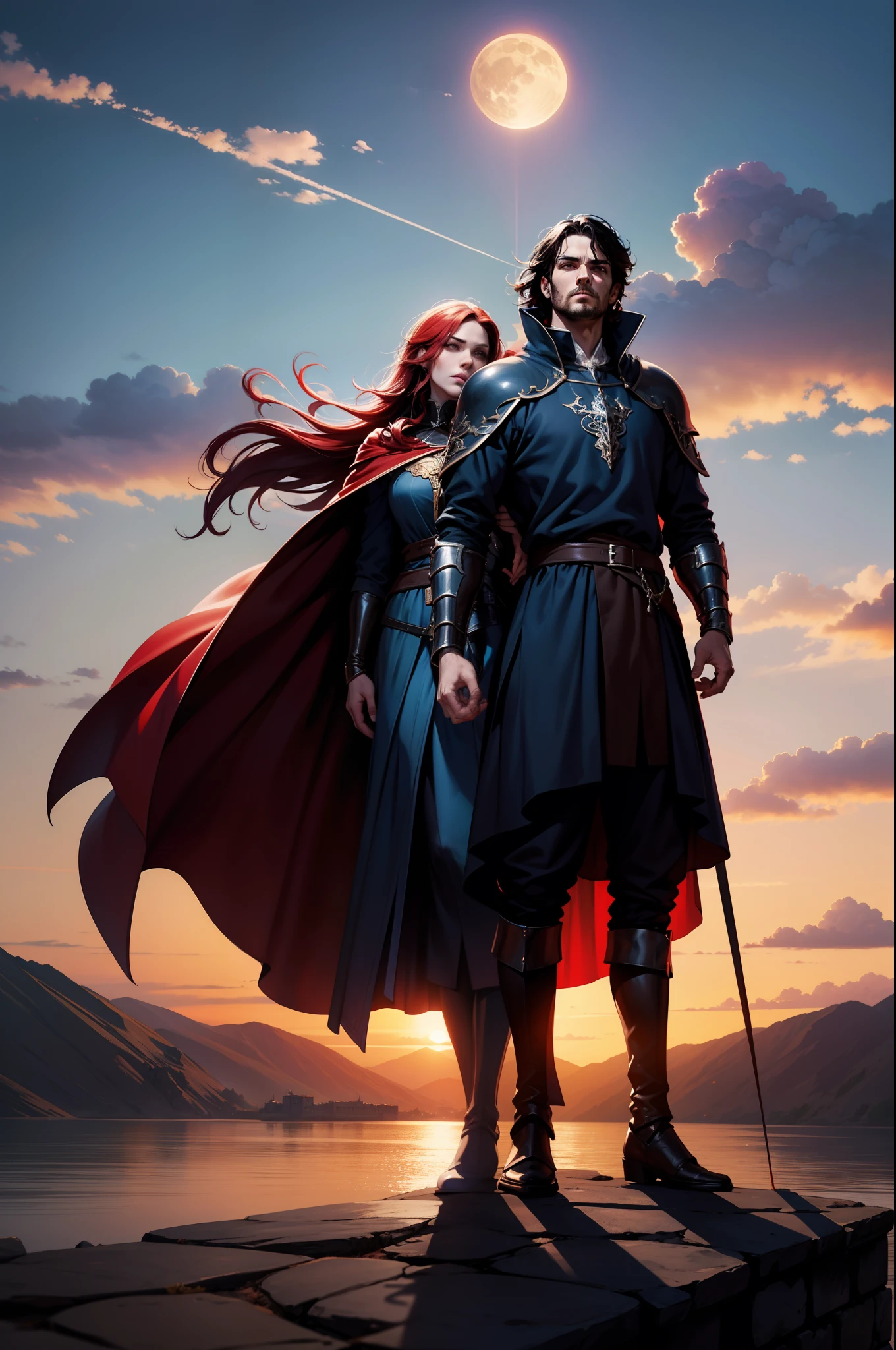 Dois personagens guerreiros, entardecer, 8k, magnifica, poderoso, magia, Mantos, sangue, Cidade medieval, dramatic scene, Colors of Gothic armor, sky with many clouds, Magnificent, tunic, Long, flowing red cape