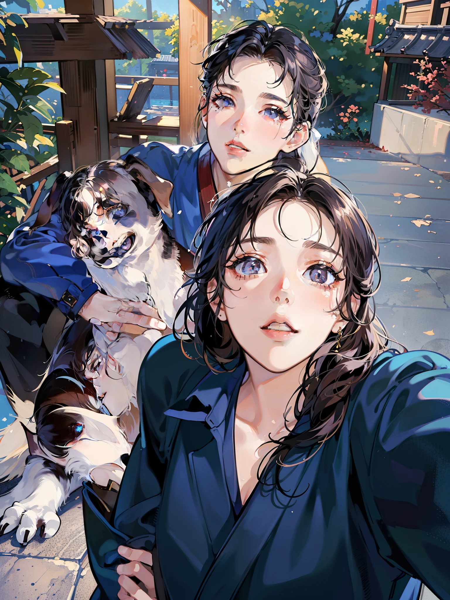 (Best Quality, 8k, 32k, Masterpiece, UHD:1.3), (Photo of Attractive Japanese Woman), 1 Girl, 1 boy, 1 dog, Abs, Perfect Body, Ultra Detailed Face, Detailed Lips, Fine Eyes, double eyelids, pajamas, (seductive), (()), (())