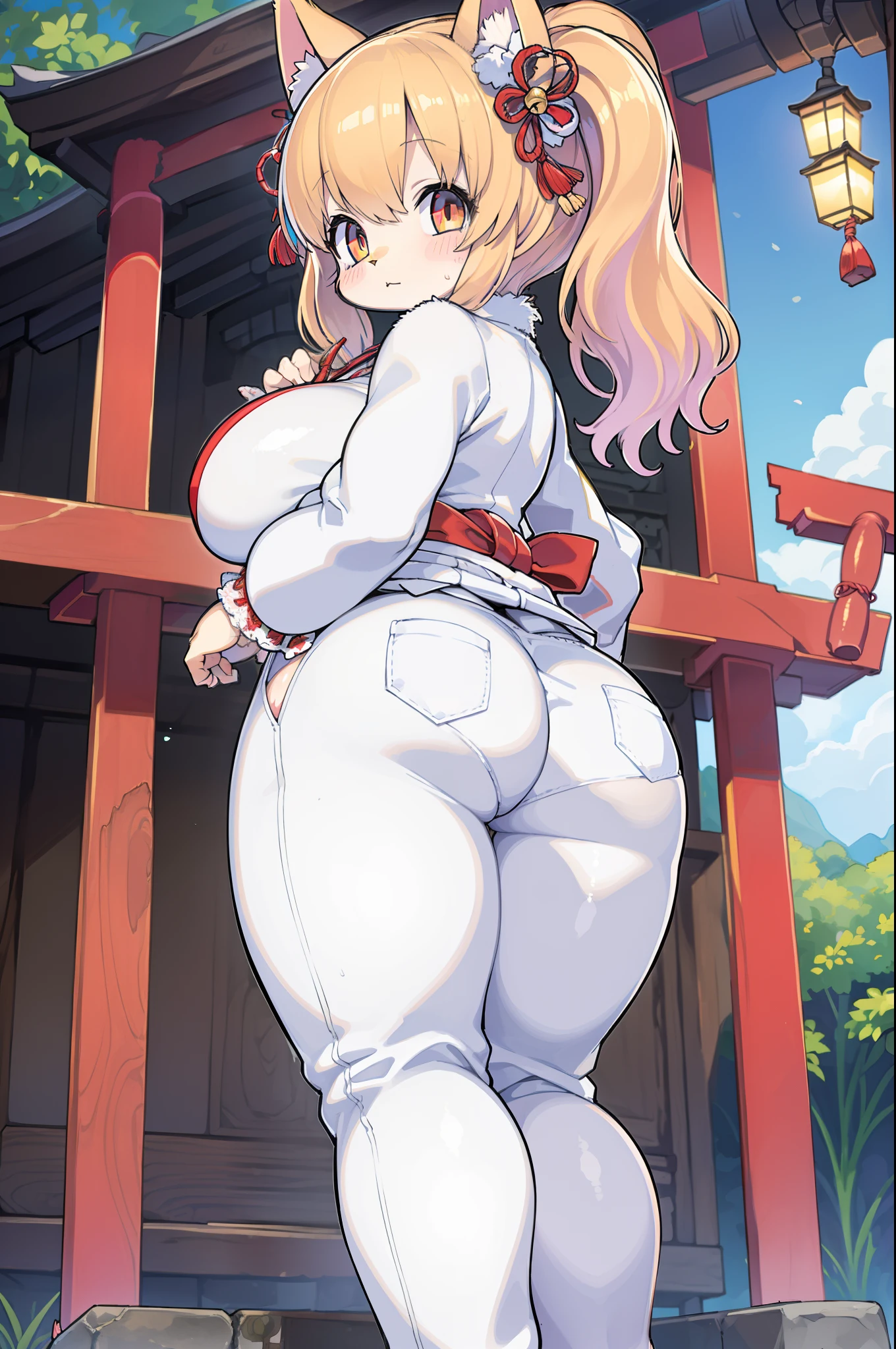 Cat lady、body covered with fur、huge-breasted、kawaii、shrine maiden、Japan white clothes,Red Hakama、torii gate,summer day、From below、from behind