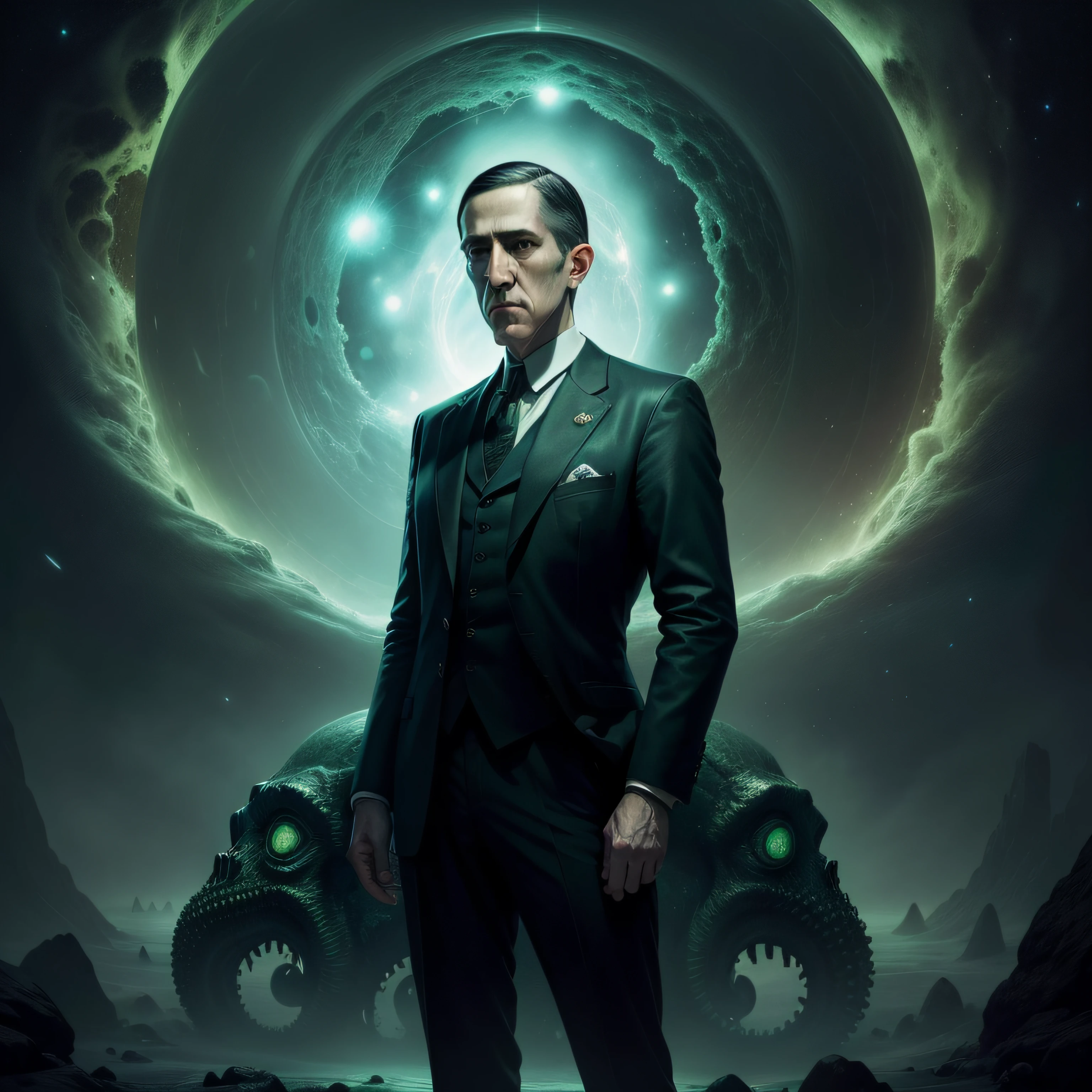 (Highest picture quality), (highly detailed) (photo-realistic:1.1), H.P. Lovecraft standing in front of Cthulhu, cosmic horror, horror,macabre, green, space, cosmic,