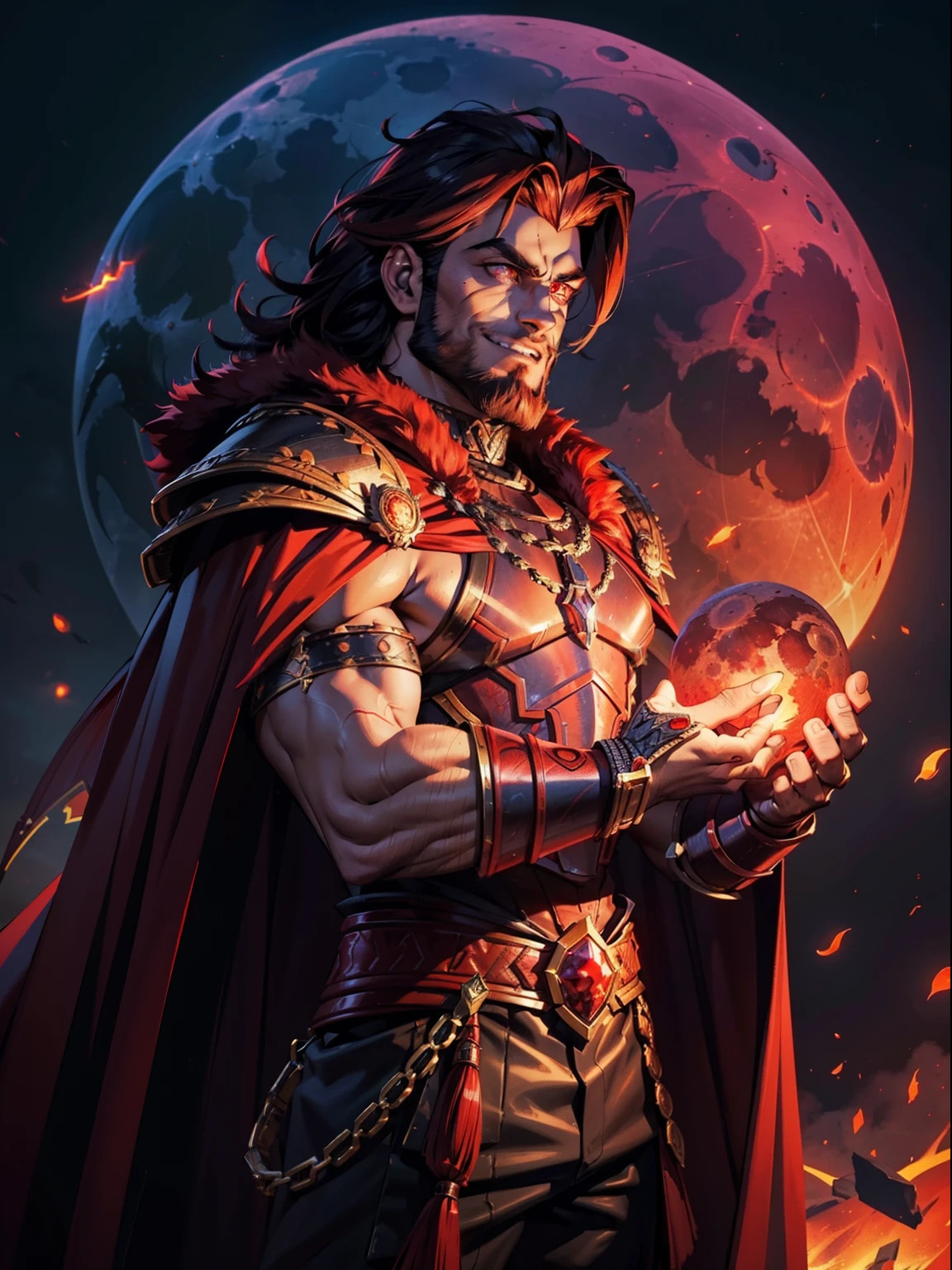 Dark night blood moon background, Hades style, game portrait. Sadurang from Marvel, hunk, buffed physics, short mane hair, mullet, defined face, detailed eyes, short beard, glowing red eyes, dark hair, wily smile, badass, dangerous. Wearing full armor with red dragon scales, cape of furs. Breath fire.
