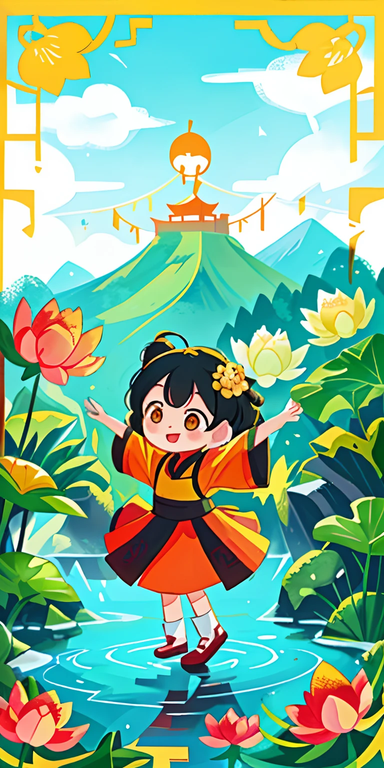 Background color:Adopt bright、Lively color,Such as yellow、orange colors、Green, etc,Highlight the theme of chinoiserie。
The active element:Add chinoiserie elements to your poster,Such as auspicious clouds、Crane、mountain water。
child figure:Vitality and freedom are expressed through the image of children on the poster,Such as little girls dancing on lotus flowers, etc,Let the children look forward to it。