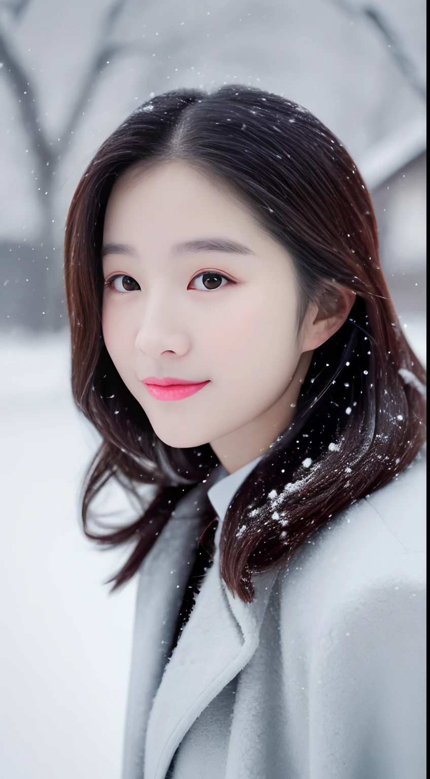 realistic photos of (1 cute Korean star) Shoulder-length hair, thin makeup, medium breasts size, wearing coat, in the snow, clear facial features, 8K high resolution, sharp and realistic details.from outside, Eye-Level Shot, f/4.0, 135mm, Fujifilm, jpeg artifacts, dithering, UHD, masterpiece