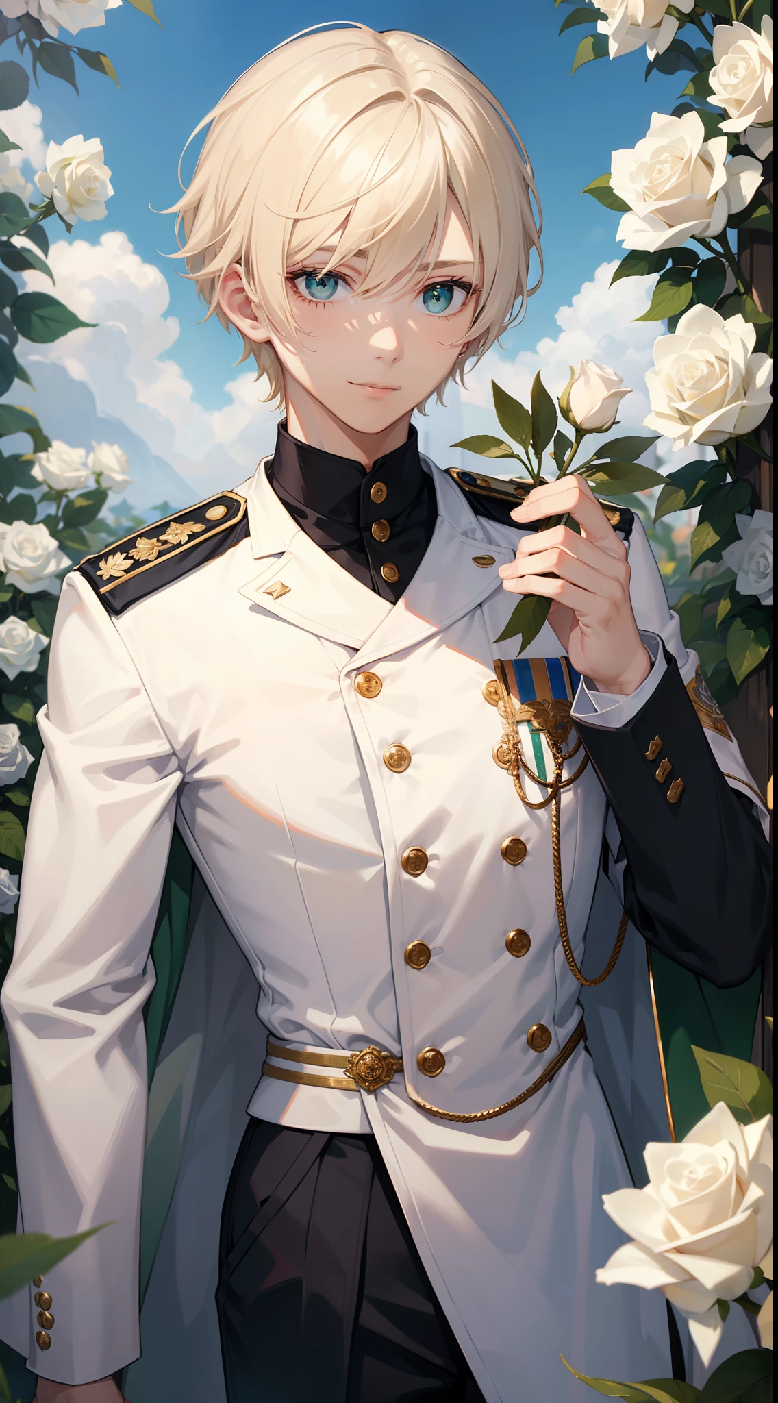 Young guy, short blonde hair with white strands, Green eyes, white officer's uniform, ssmile, White rose in hand, Crystal Rose, Masterpiece, hiquality