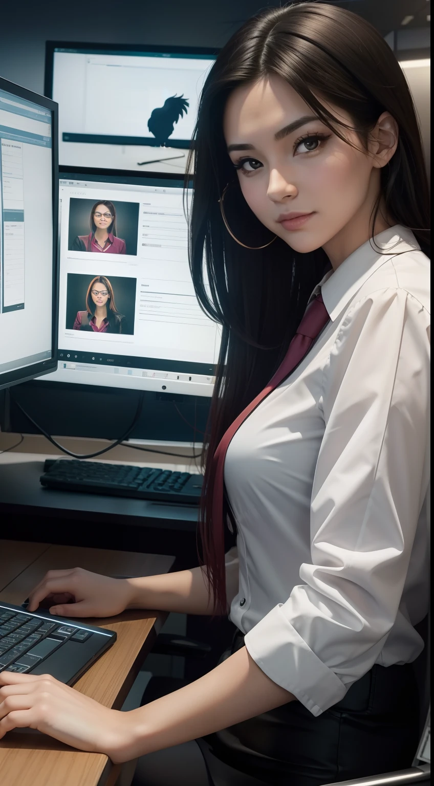 beautiful female office staff, working in the office, rooster, computer background, matrix run on the screen, cute