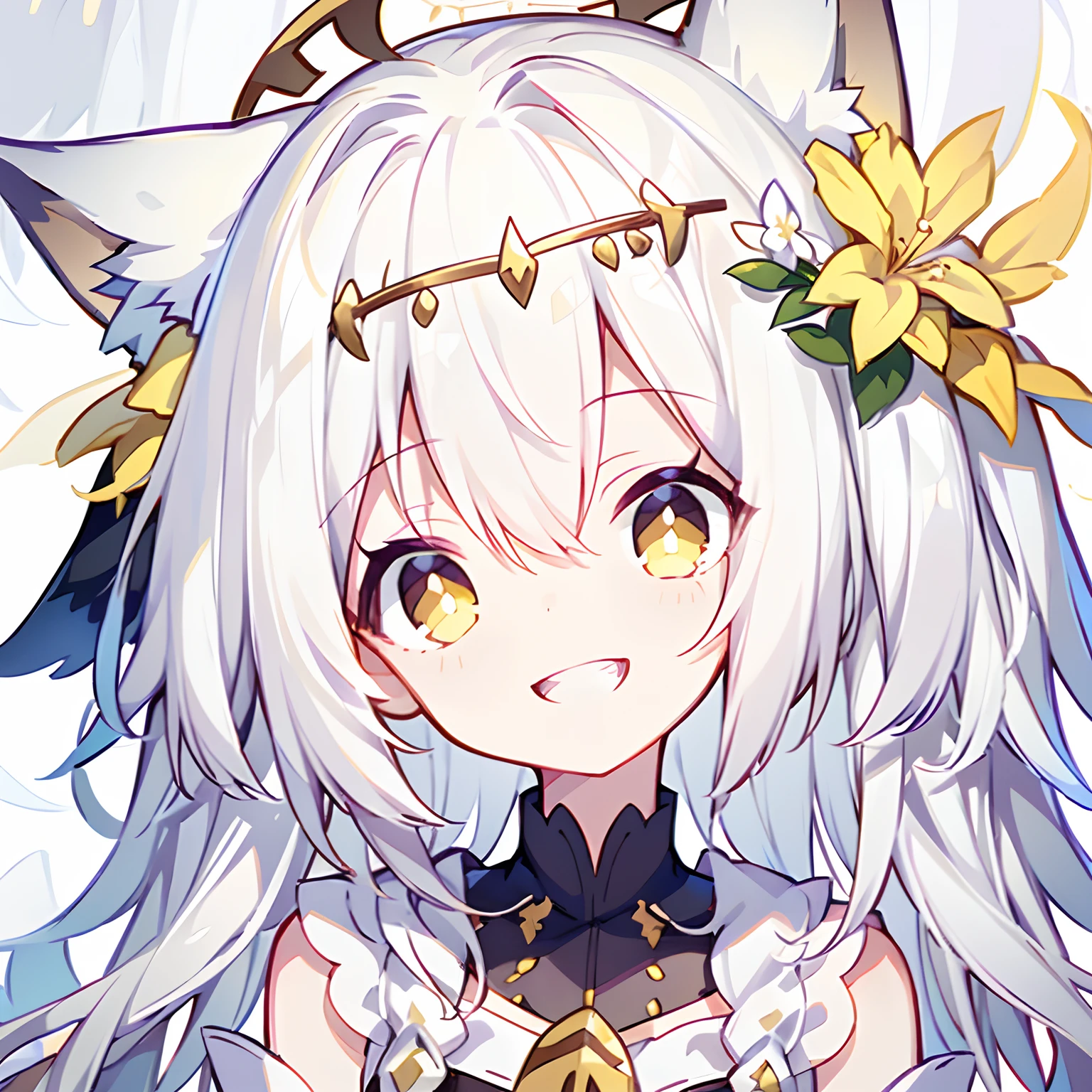 Masterpiece, 1girll,White hair, Yellow eyes, Petite,ssmile,grin,,ahoge, Anime style, Simple background, white backgrounid,white shirt,Garland on the head,Garland of flowers,fox ear,Innocent and adorable