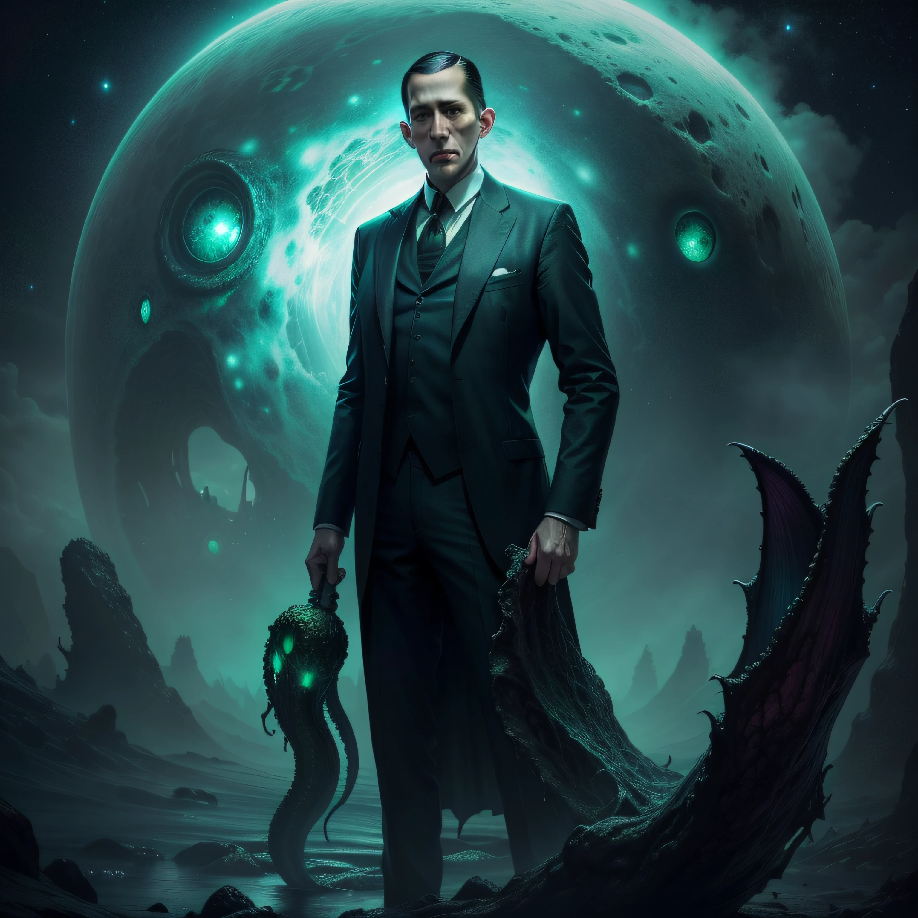 (Highest picture quality), (highly detailed) (photo-realistic:1.1), H.P. Lovecraft standing in front of Cthulhu, cosmic horror, horror,macabre, green, space, cosmic,