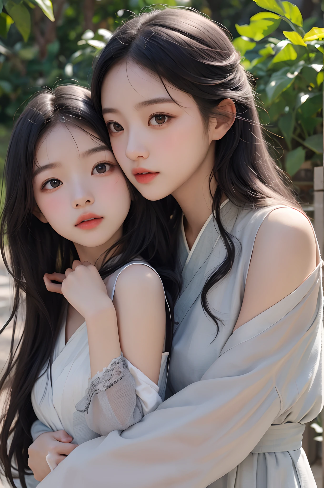 (Two little girls:1.5,duo,caressing the),Lace,ribbon,Hanfu,(raw photograph,Masterpiece, side-lighting, Beautiful gray eyes with fine and detailed details: 1.2), Masterpiece, Realistic, Glowing eyes,Shiny hair,Black hair,long whitr hair, Glossy glossy skin, Solo, embarressed,No shoulder strap,Exquisite,prettify,sonoko,Flowers,flying petal,