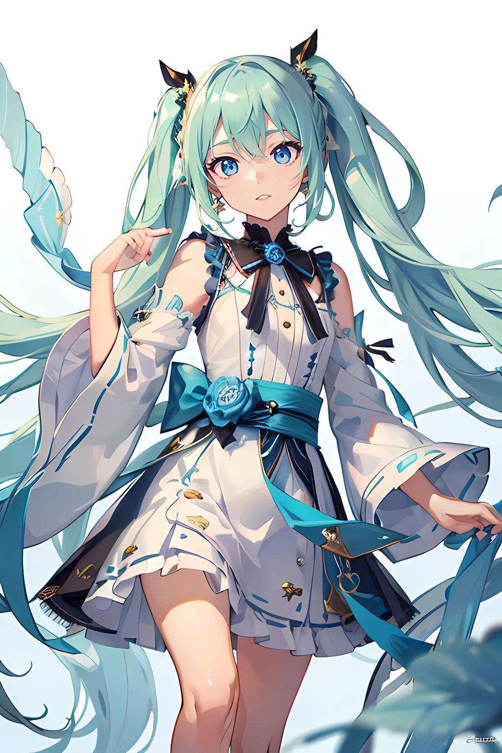 Anime girl with long blue hair and blue eyes in a white dress - SeaArt AI