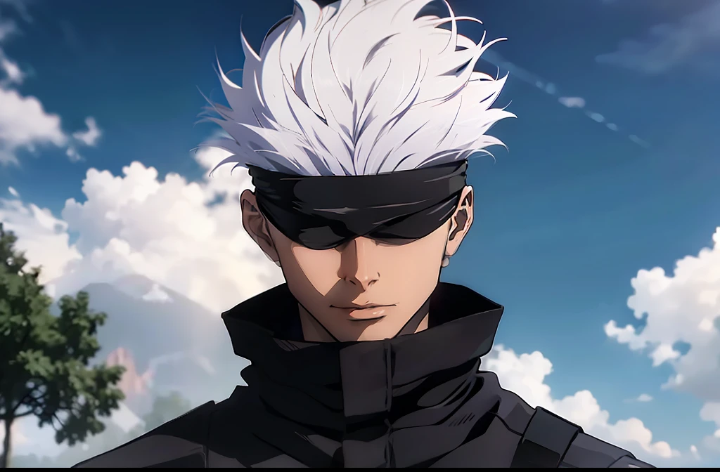 ((Best quality)), ((masterpiece)), ((realistic)), boy, white hair, black outfit, dark blindfold,