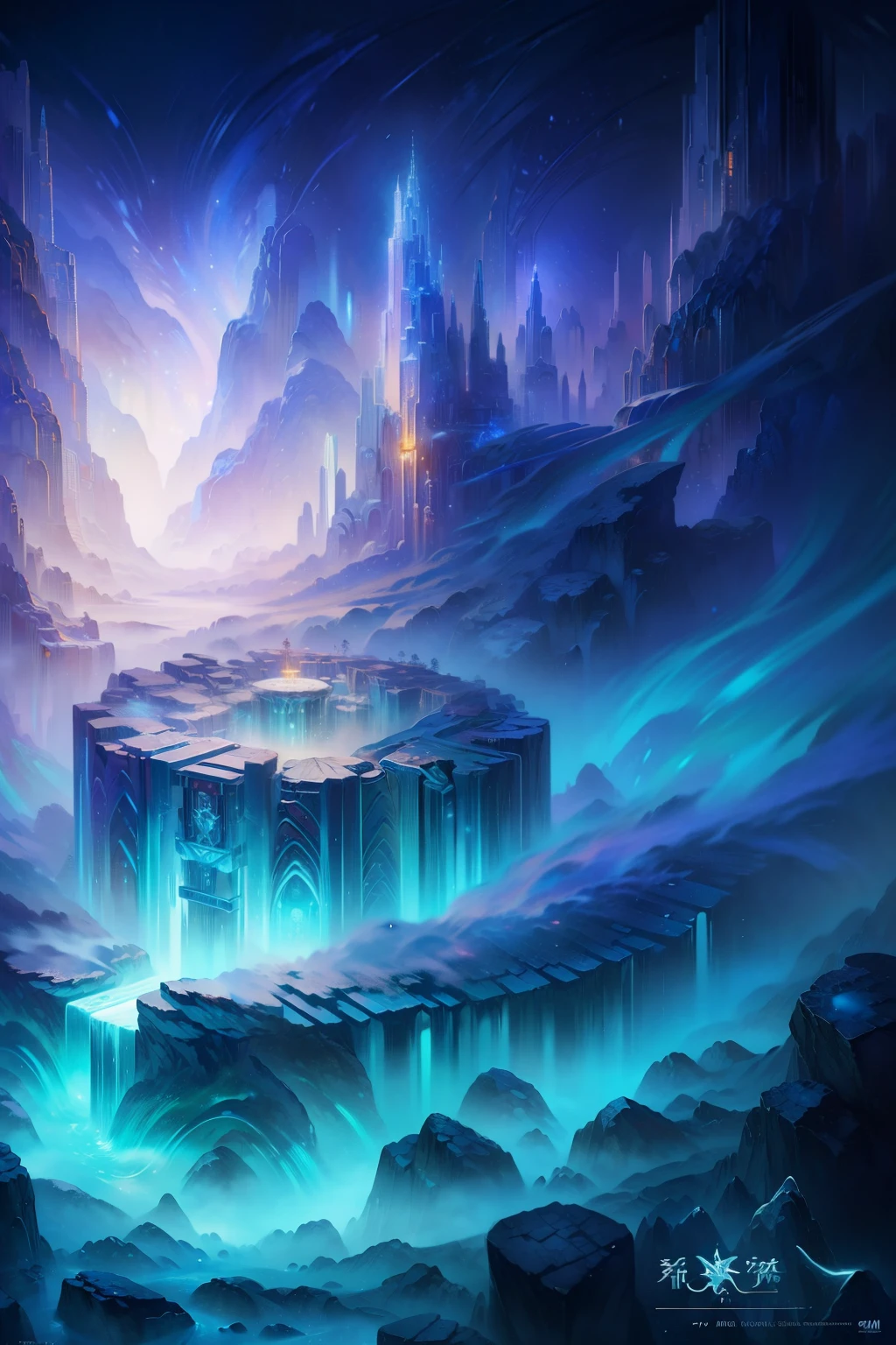 A new world of icy landscapes,drak，Science fiction, 4K, High quality, illusory engine, Fantasy art ,Clean design, Epic Instagram, art  stations, contours, hyper detailed intricately detailed, illusory engine, Fantastical, intricately details, Splash screen, Complementary colors, fantasy concept art, 8K resolution, Deviantart's masterpiece,